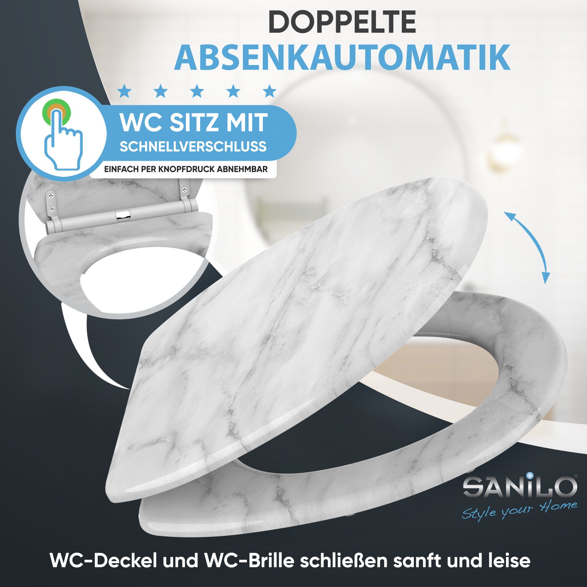 Sanilo WC-Sitz Marmor mit Absenkautomatik & Quick Release, Premium Toilettendeckel, abnehmbar, leichte Montage von oben