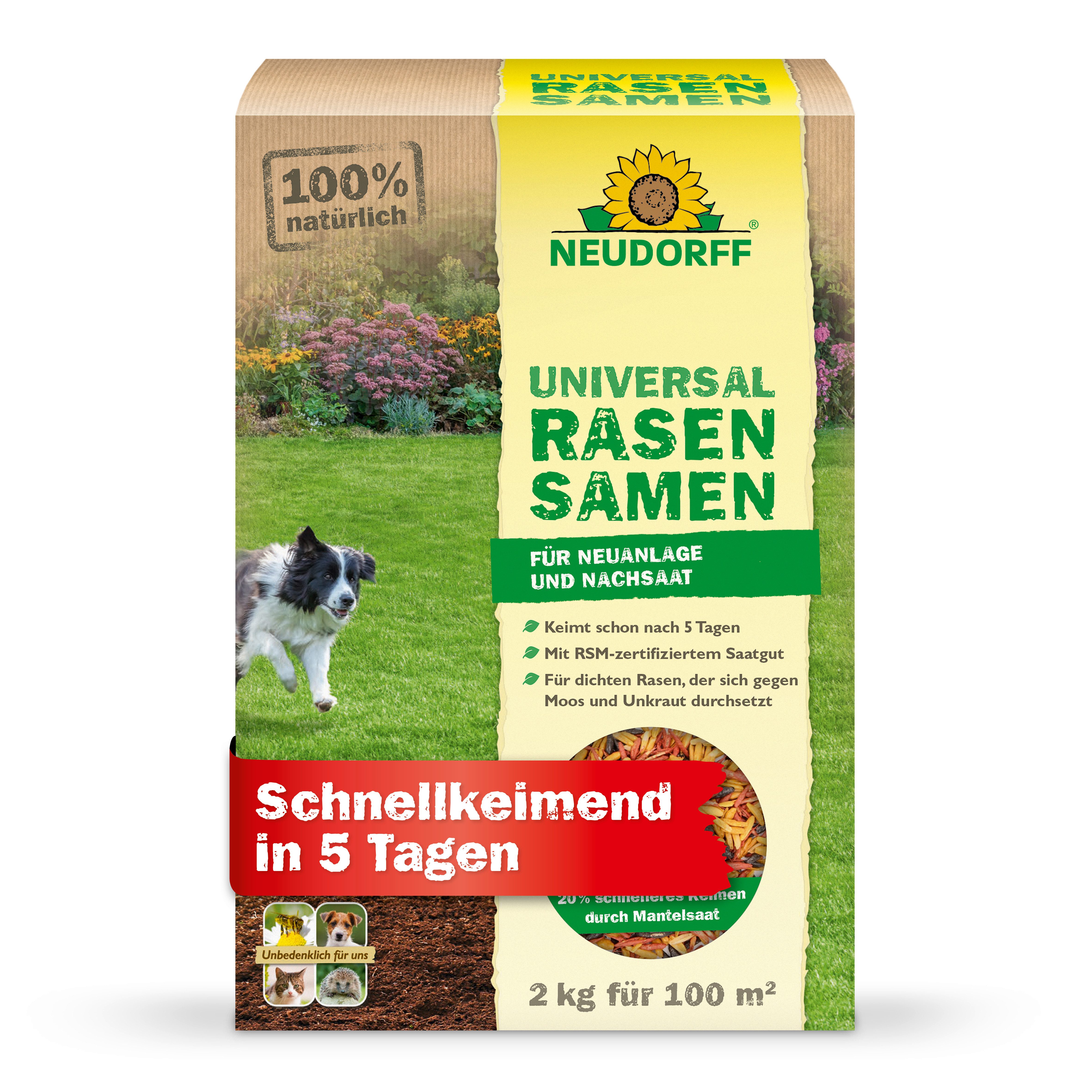 Neudorff Rasensamen Universal RasenSamen für Garten 2 kg für 100m² - schnellkeimend, Rasen Samen aus 9 Saatgut-Sorten