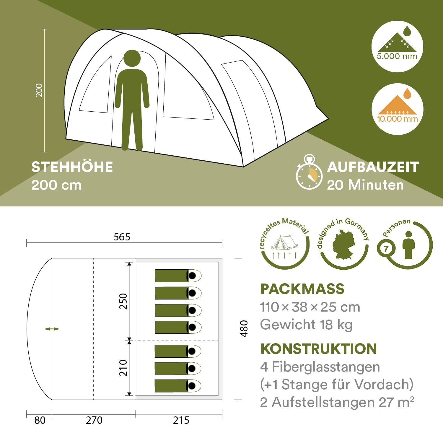 Personen, Camping 7 7 Tunnelzelt Egersund mit Zelt Sleeper, Technologie Plus Sleeper Skandika