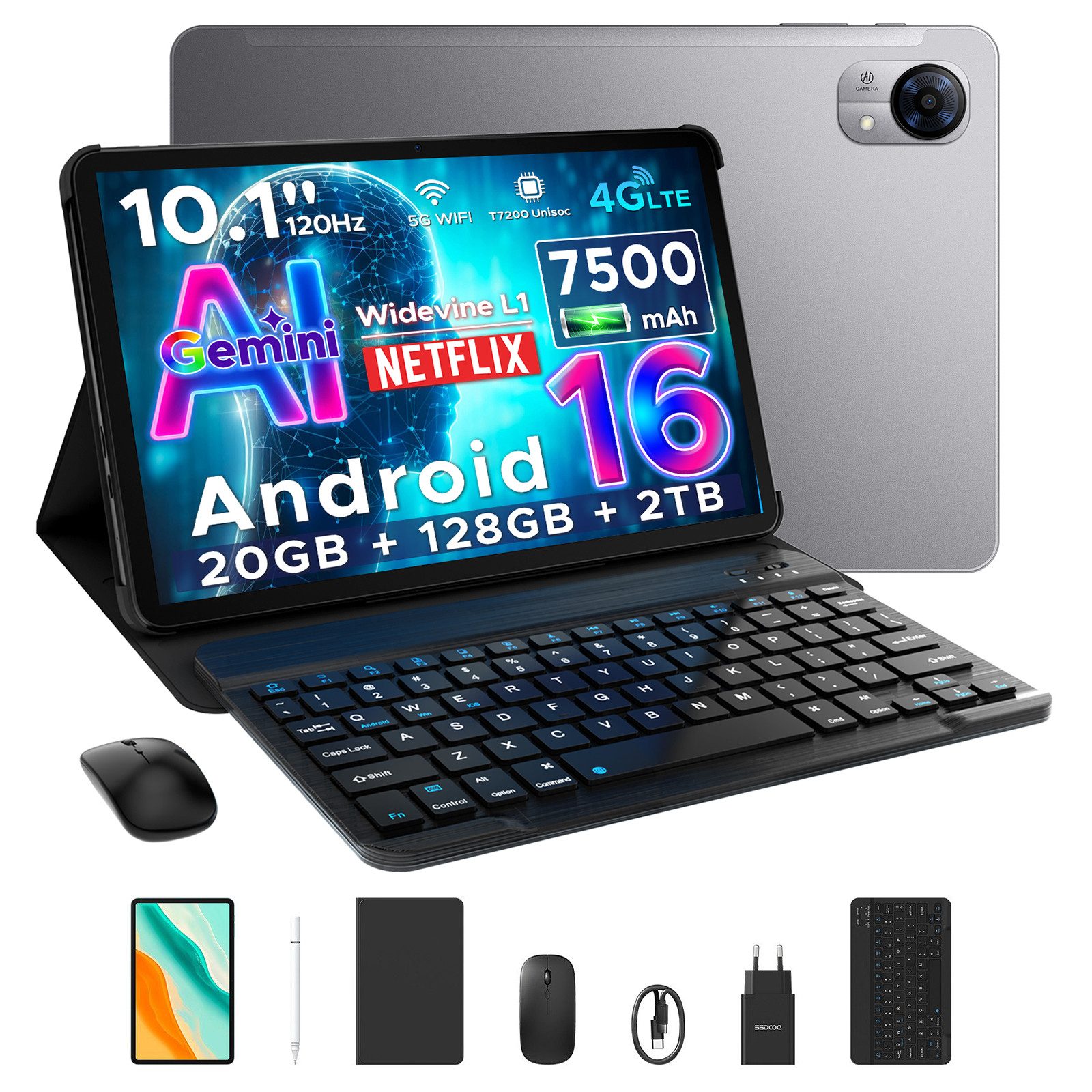 DOOGEE TabG5 10'' Tablet mit Tastatur, Android 16, 120Hz, 7500 mAh, ultradünn Tablet (10", 3 GB, Android 16, 8 MP, T7200 Octa-Core, Gemini AI, 4G LTE/5G WIFI, Widevine L1/Face ID)