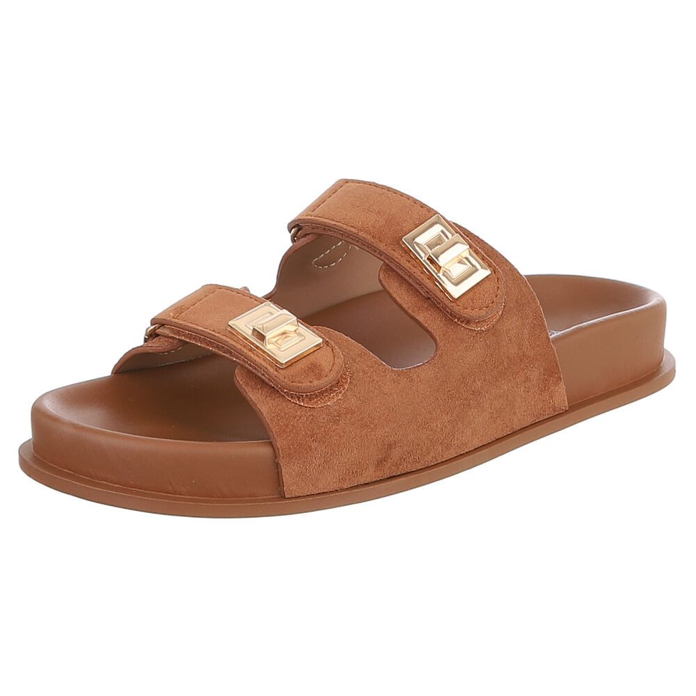 Ital-Design Damen Slipper mit Schnallen und Komfortsohle Pantolette (91742276) Flach Pantoletten in Camel