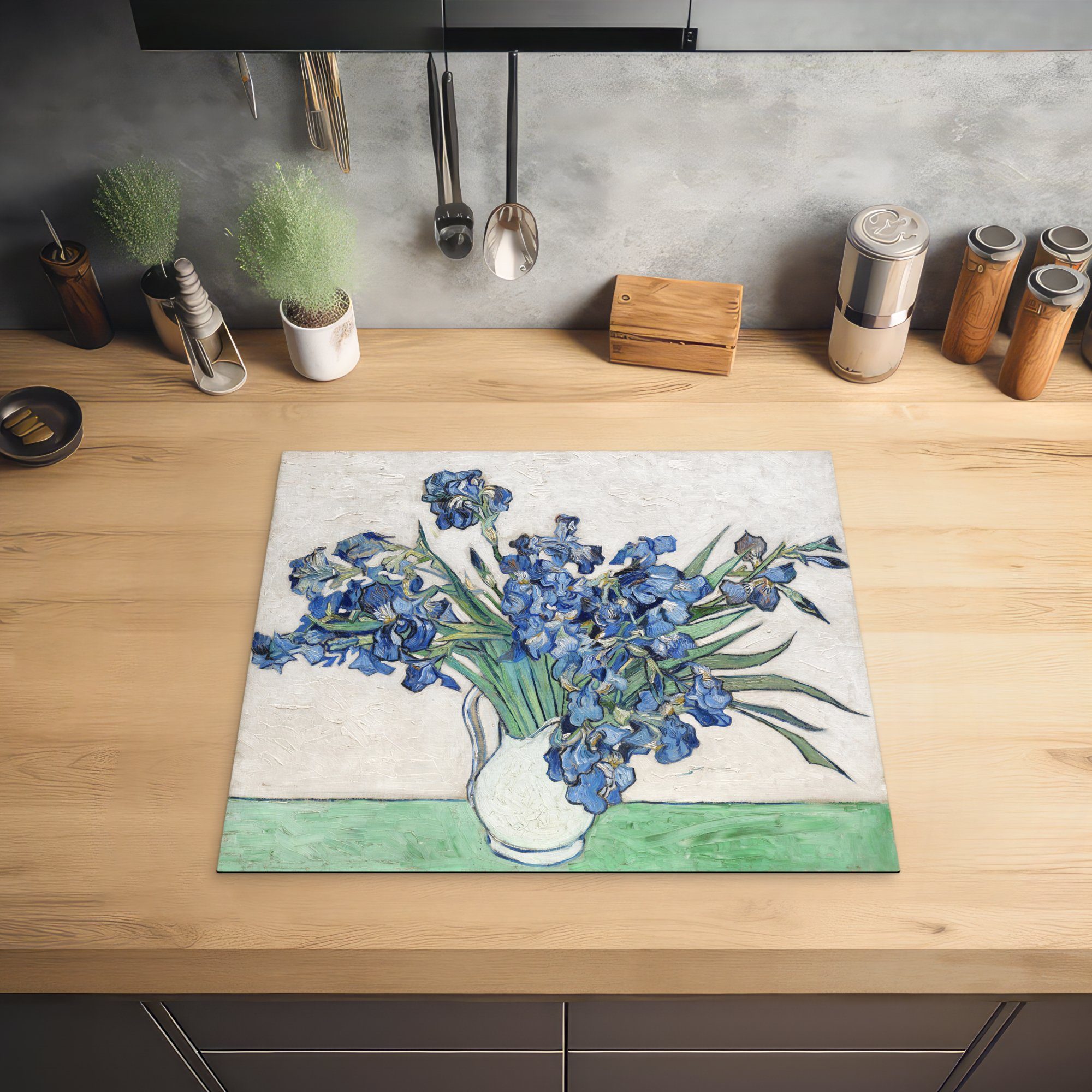 Vincent Ceranfeldabdeckung MuchoWow 59x52 van tlg), Gogh, cm, mit Vinyl, küche, für Herdblende-/Abdeckplatte die Schwertlilien - Induktionsmatte Vase (1