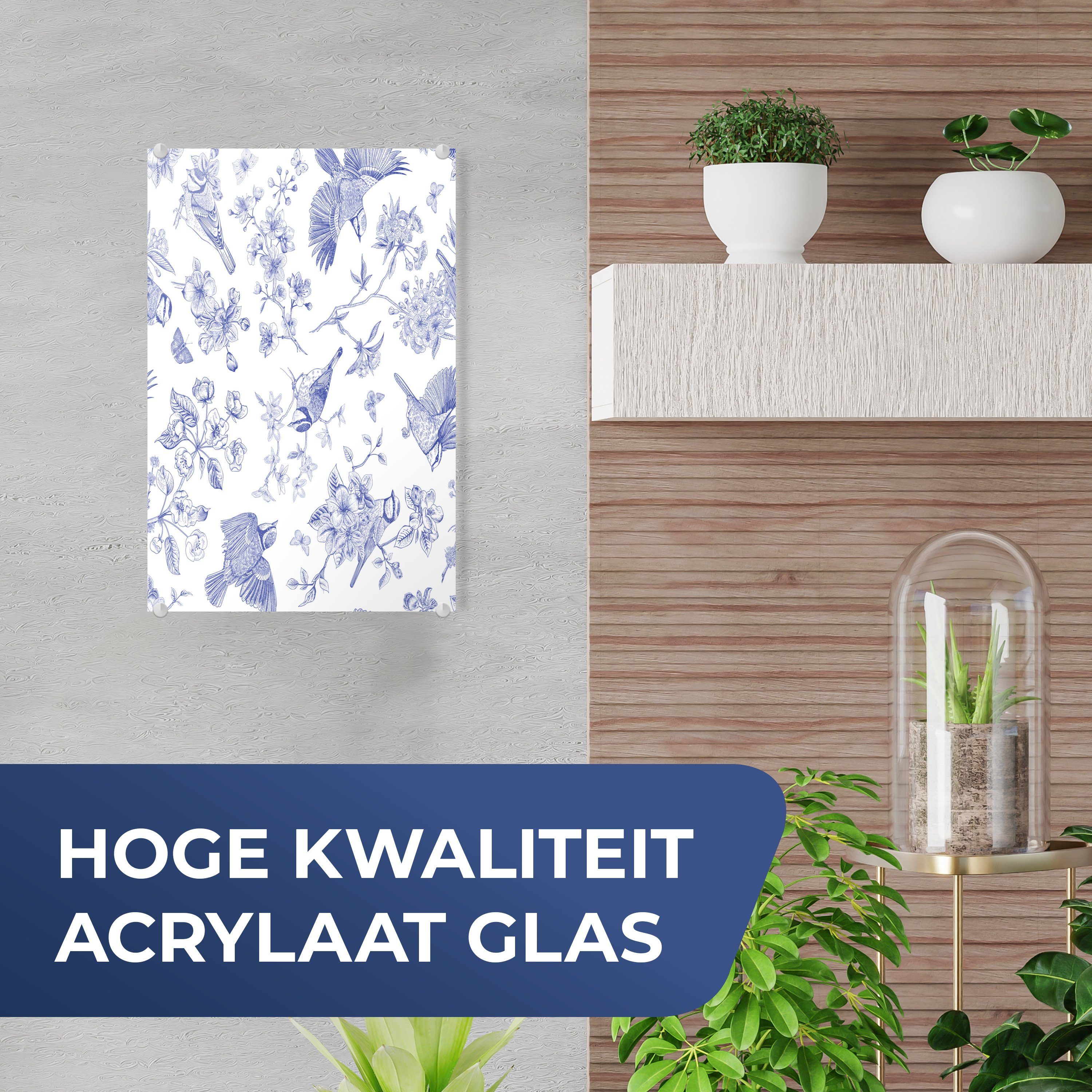 MuchoWow St), Glasbilder Bilder auf Acrylglasbild Glas Blumen Wandbild - - Glas Wanddekoration - Foto - - Vögel (1 Blau, auf