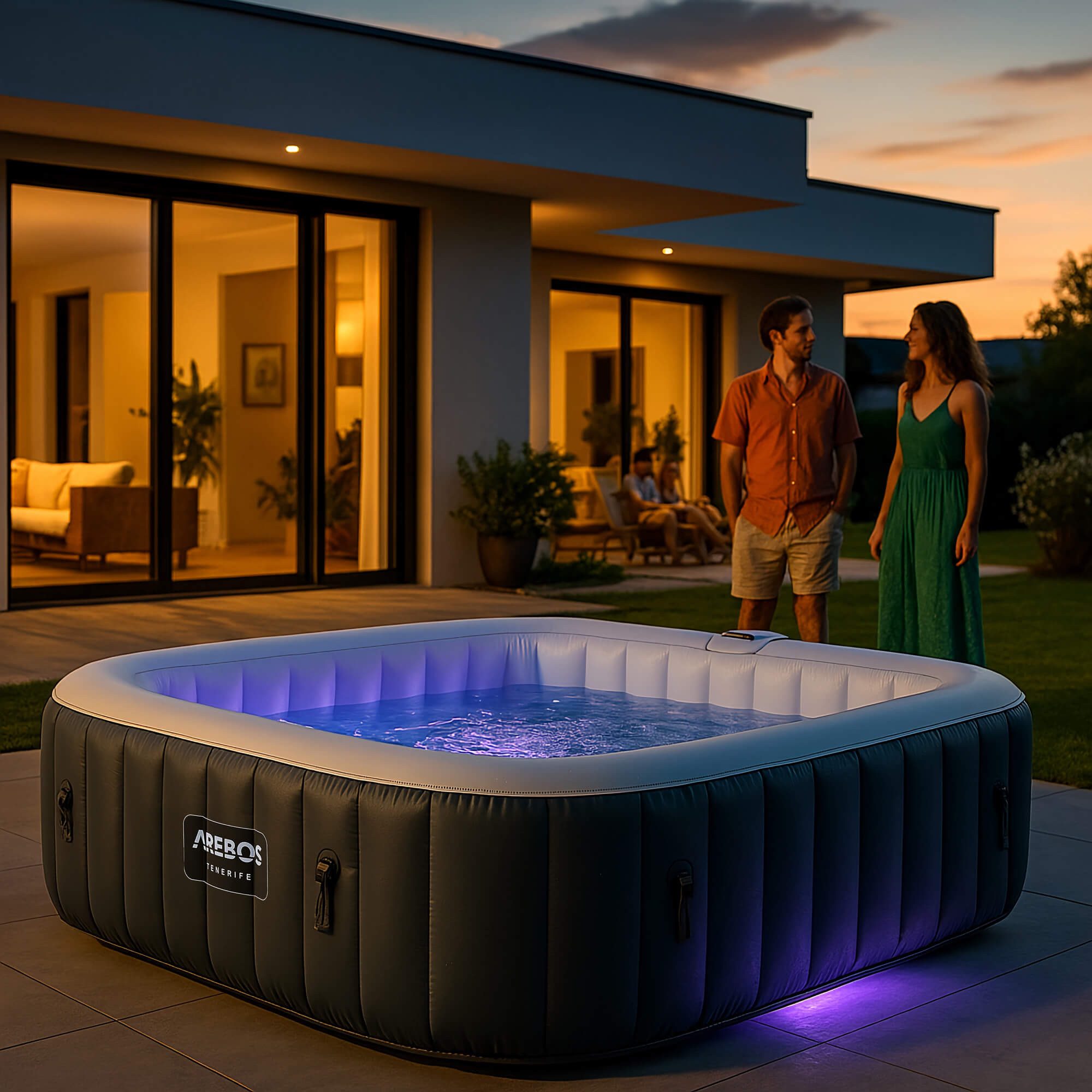 Arebos Whirlpool TENERIFE Aufblasbar 6 Personen mit 130 Düsen, (Komplett-Set, LED-Beleuchtung), Für Outdoor & Indoor