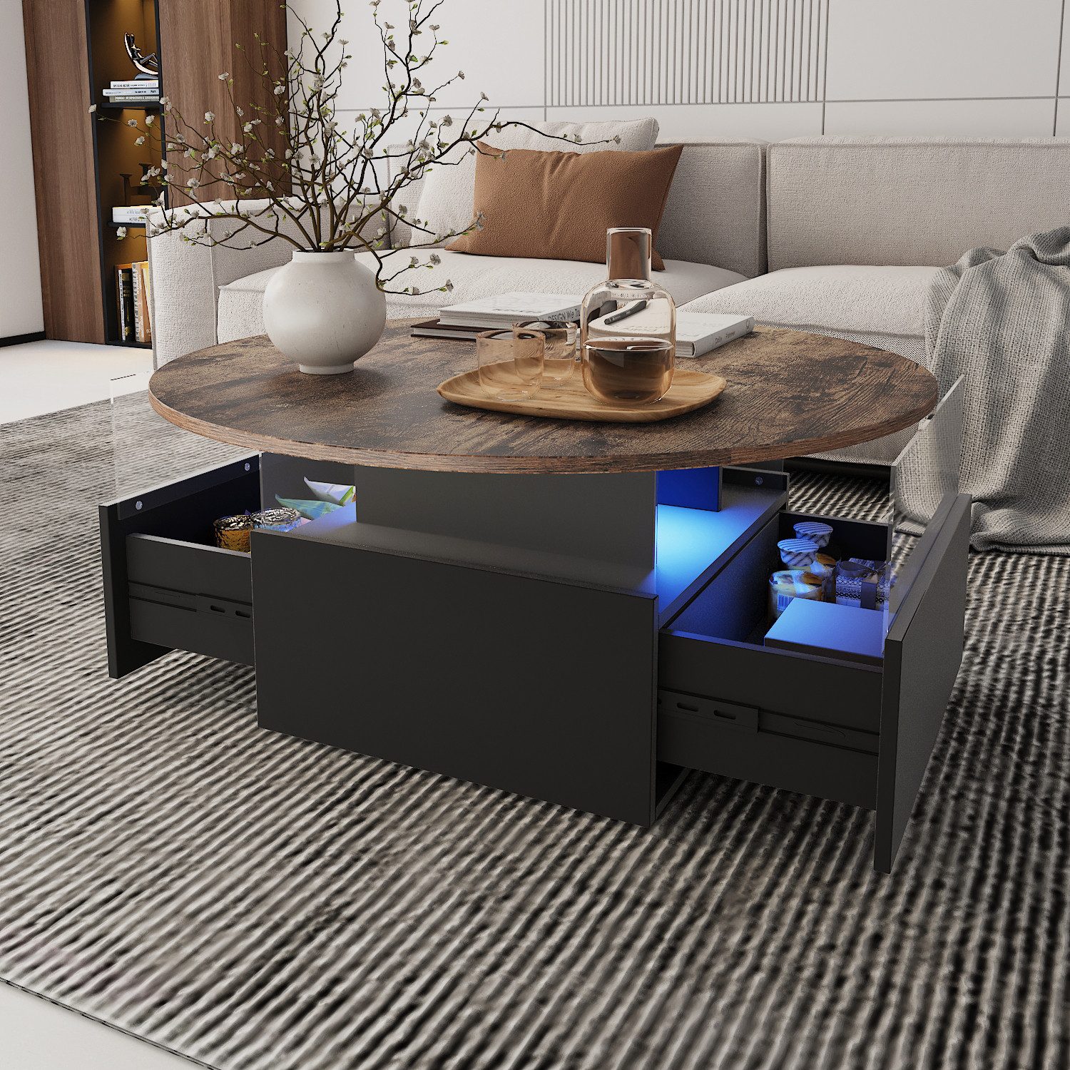 radelldar Couchtisch mit LED-Beleuchtung und 2 Schubladen, Wohnzimmertisch 80x40cm (1-St), Beistelltisch mit runder Platte und extra Ausstellungsfläche – Bild 4 von 5