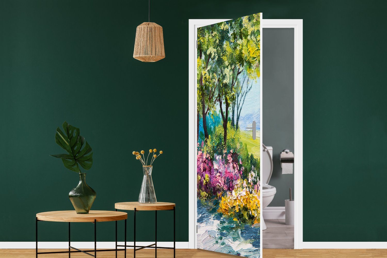 MuchoWow Türtapete Malerei - St), Blumen - Tür, für Haus - 75x205 Öl, - Pflanzen Türaufkleber, (1 Matt, Fototapete bedruckt, cm