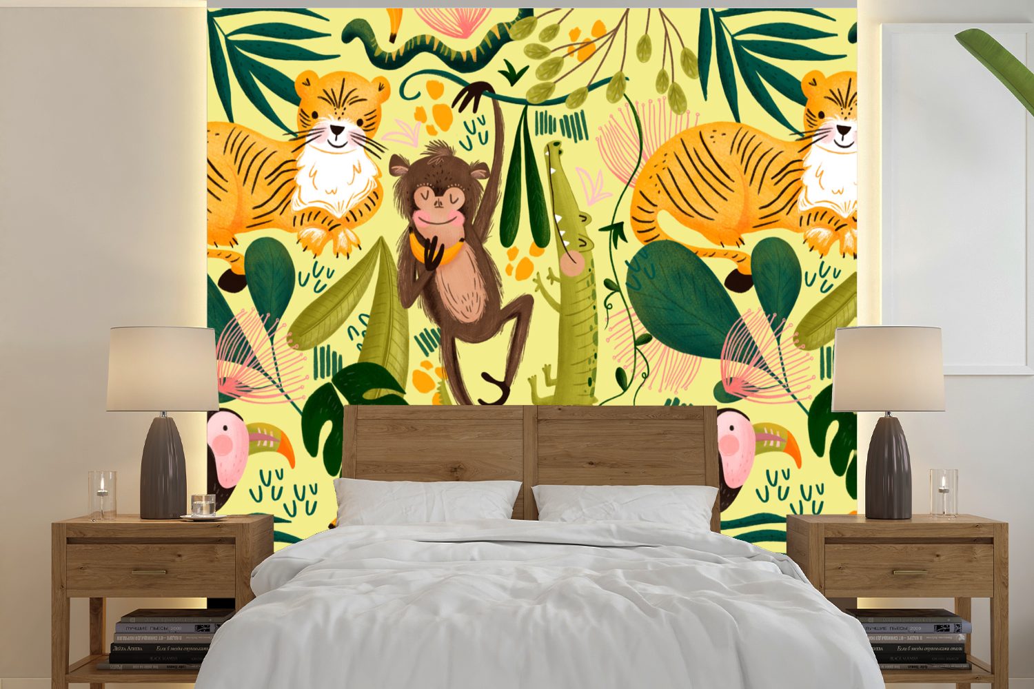 MuchoWow Fototapete Dschungel - Affe - Krokodil - Gelb, Matt, bedruckt, (5 St), Vinyl Tapete für Wohnzimmer oder Schlafzimmer, Wandtapete