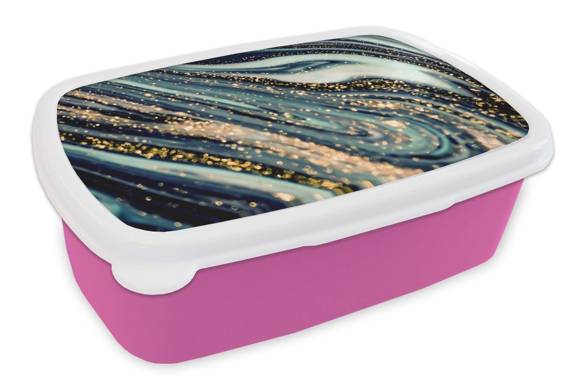 MuchoWow Lunchbox Marmor - Gold - Blau - Glitter - Marmoroptik - Abstrakt, Kunststoff, (2-tlg), Brotbox für Erwachsene, Brotdose Kinder, Snackbox, Mädchen, Kunststoff rosa | Lunchboxen