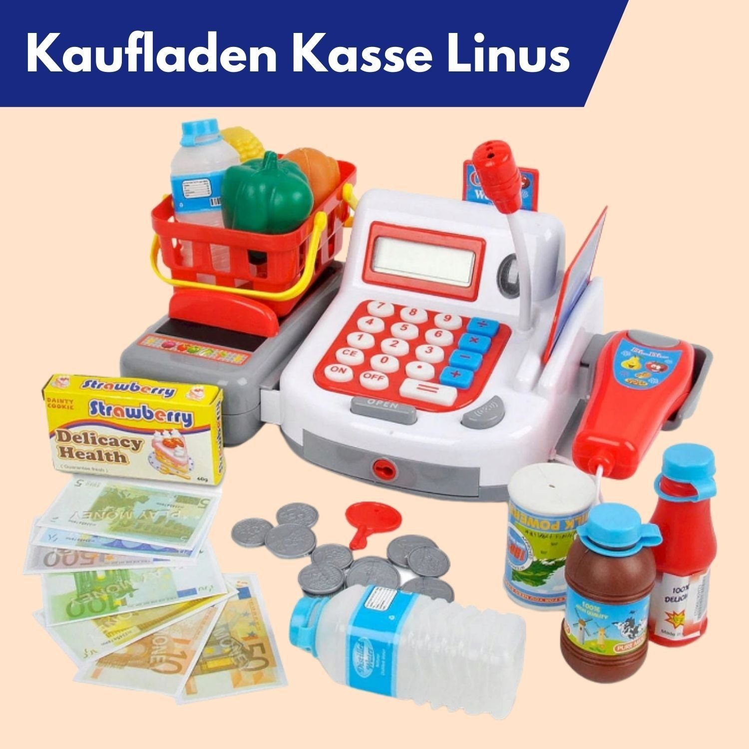 Coemo Kaufladen LINUS, Spielkasse für Kinder 41 tlg. Zubehör Kasse mit Lich günstig online kaufen