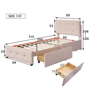 Flieks Polsterbett, Einzelbett Holzbett 2 Schubladen Samt 90x200cm