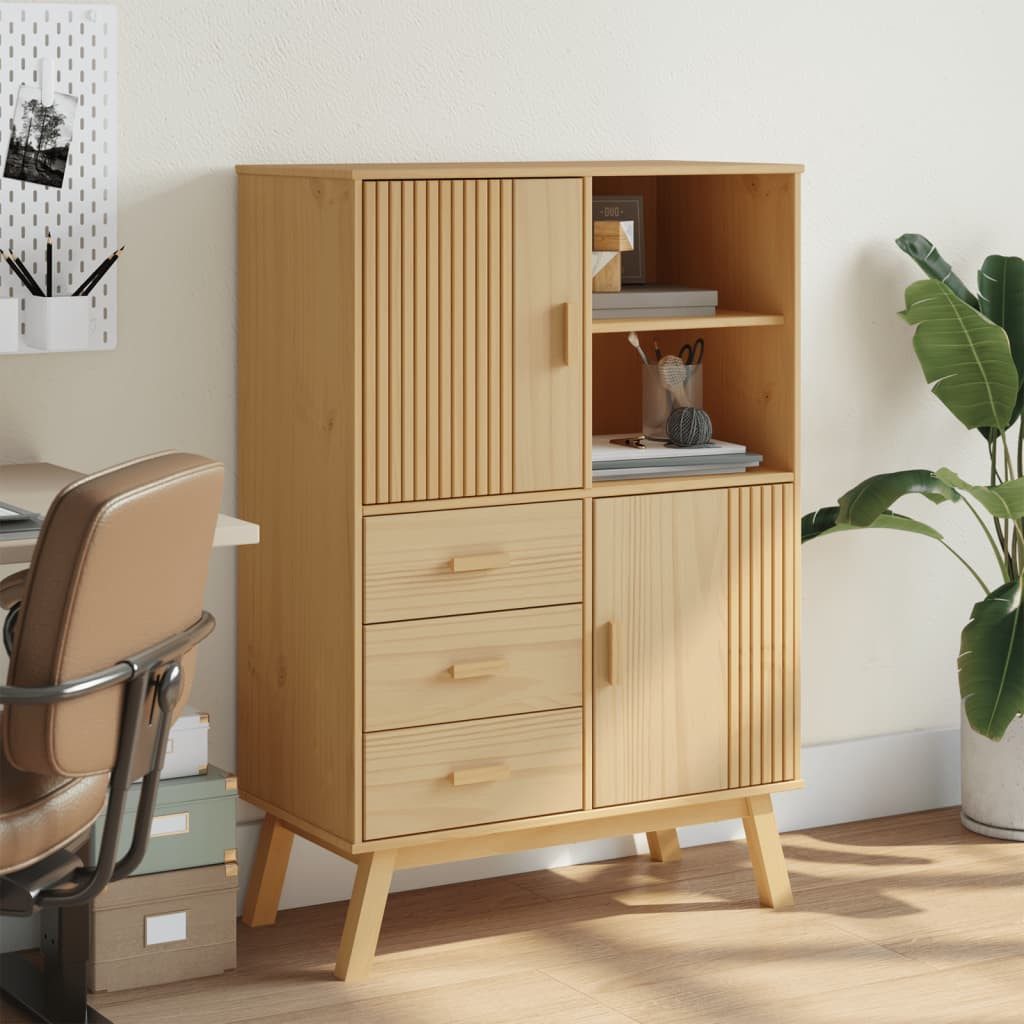 furnicato Highboard Sideboard aus massivem Kiefernholz Braun 85 x 43 x 125 cm (1 St), Wachsveredelter Bücherschrank mit 3 Schubladen und Fächern mit Türen