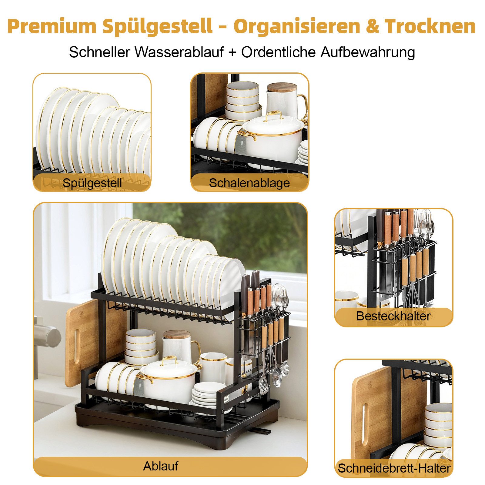 SunJas Geschirrständer 2-stufiges Abtropfgestelle für Geschirr, 360°-Abfluss, Zubehör für Küche mit Tassenhalter, Utensilienhalter, Schneidebretthalter und Drainageplatte, multifunktionales Abtropfgestell-Set