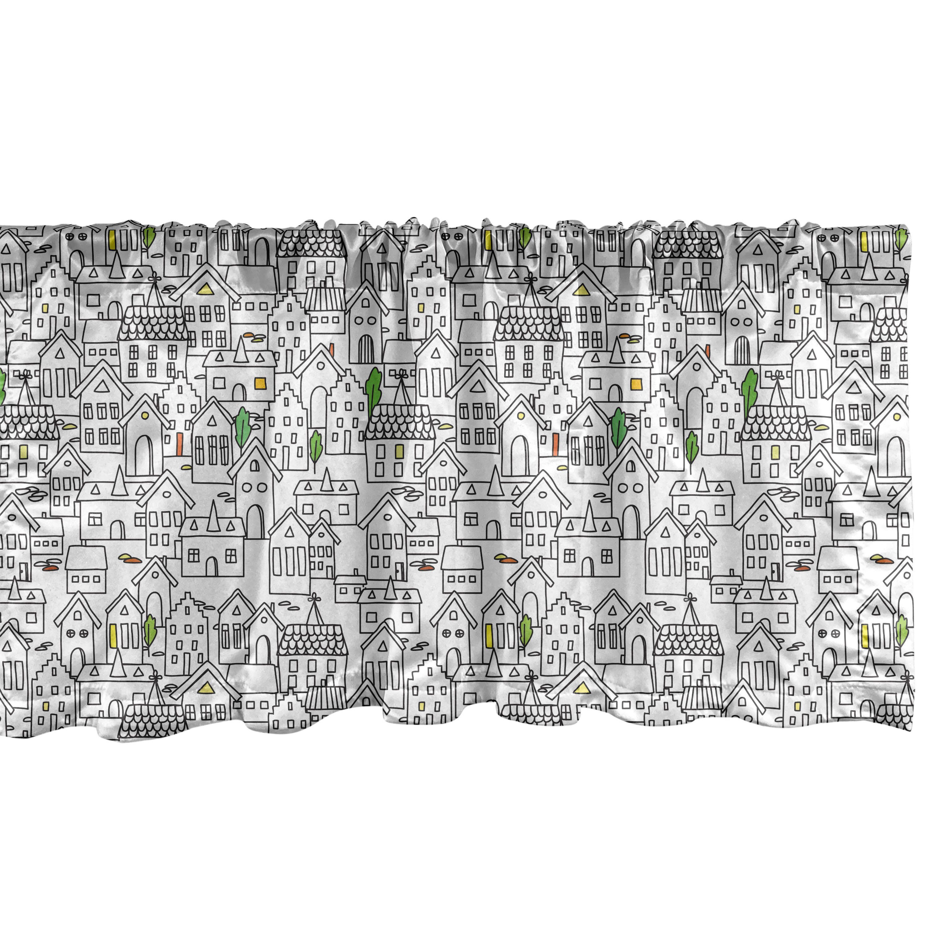 Scheibengardine Vorhang für Schlafzimmer mit Handgezeichnet Dekor Land Inspired Volant Stangentasche, Abakuhaus, Microfaser, Häuser Küche