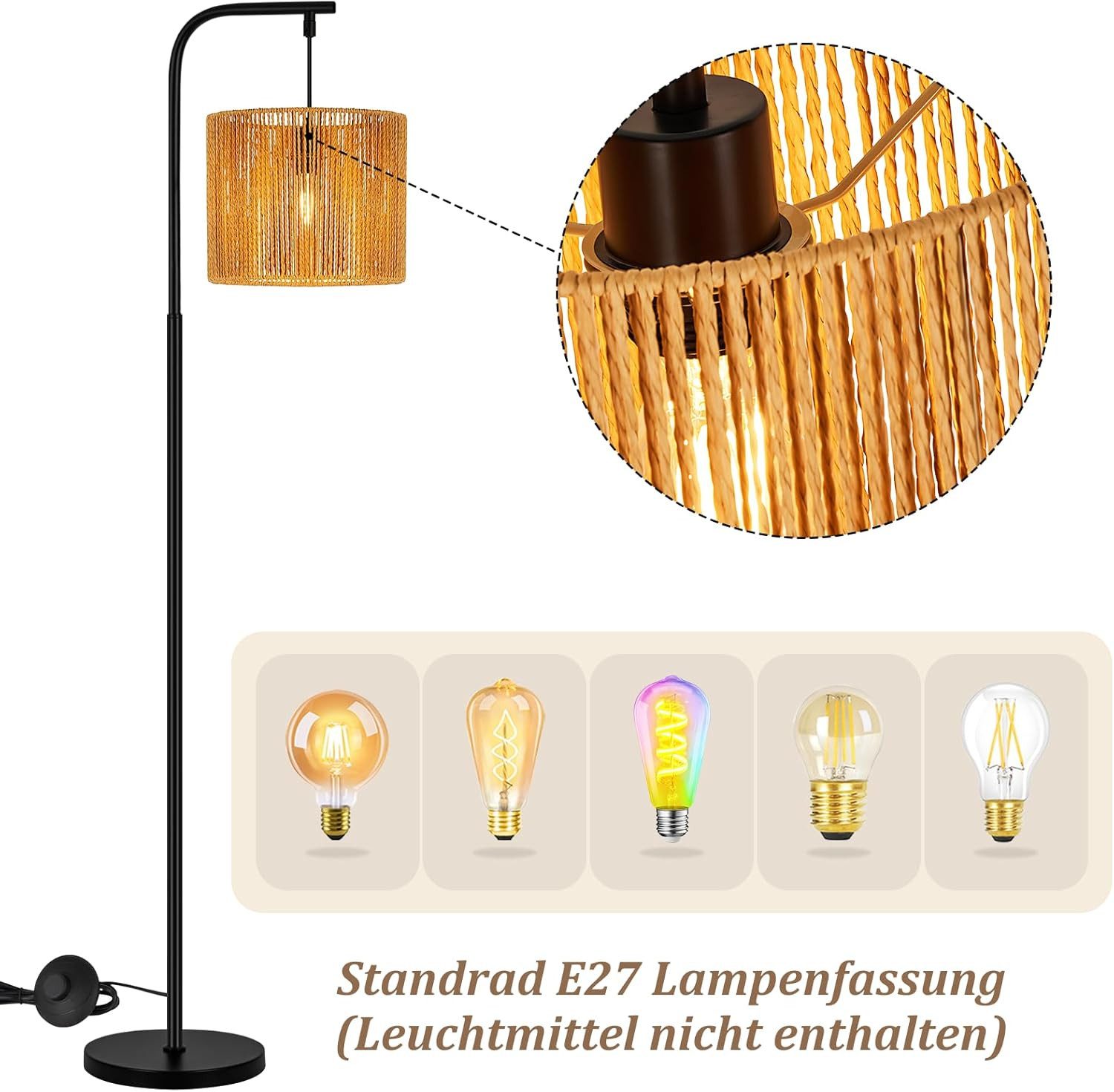 Nettlife Stehlampe schwarz modern 164cm Bodenlampe Boho Standlampe Fußschalter E27, ohne Leuchtmittel, für Esszimmer, Terrasse