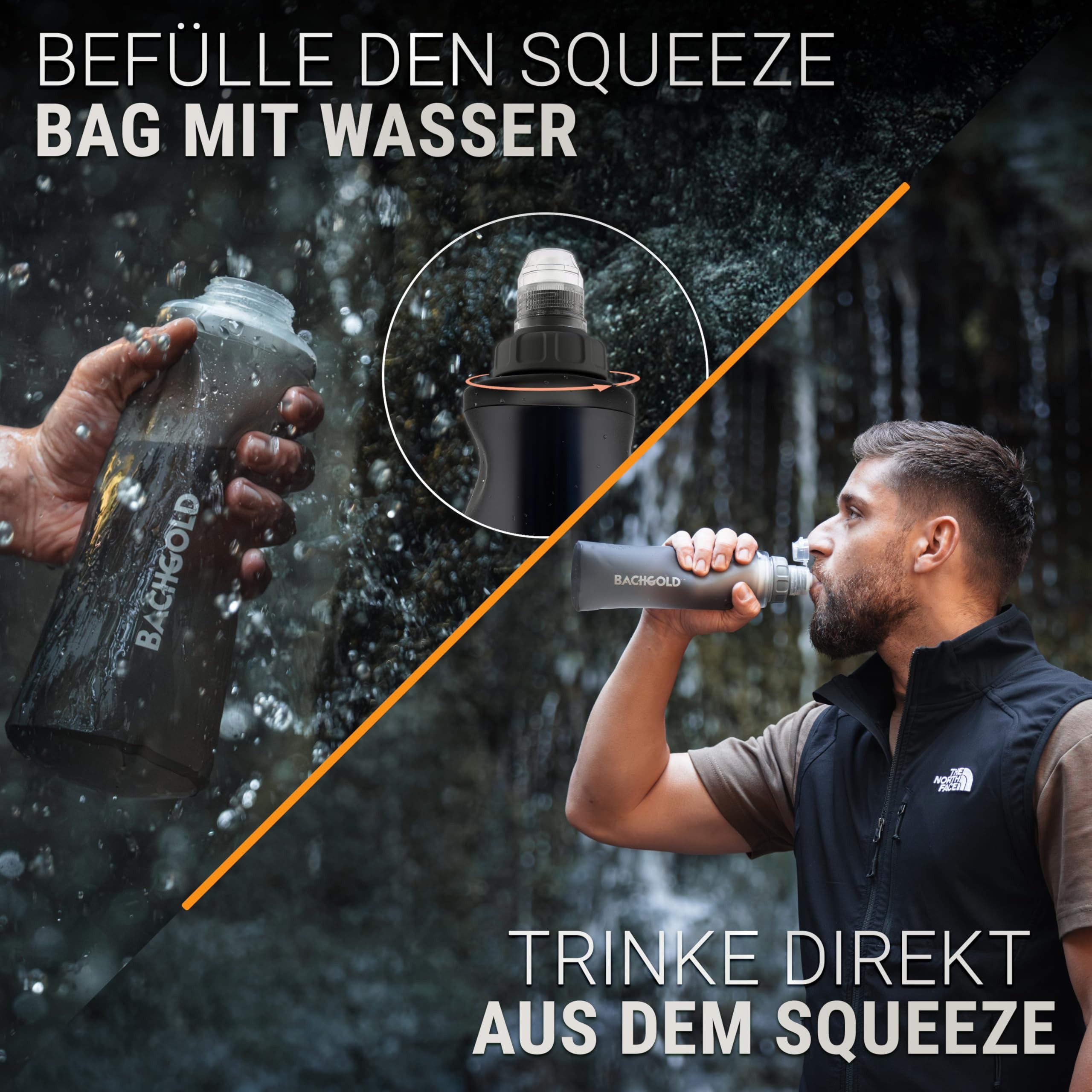 BACHGOLD Wasserfilter Outdoor Squeeze - Ultraleichter Trinkwasserfilter mit Virus-Filtration, Zubehör für Camping, Survival, Notfall, Bushcraft, Filtert Viren, Bakterien & Mikroplastik