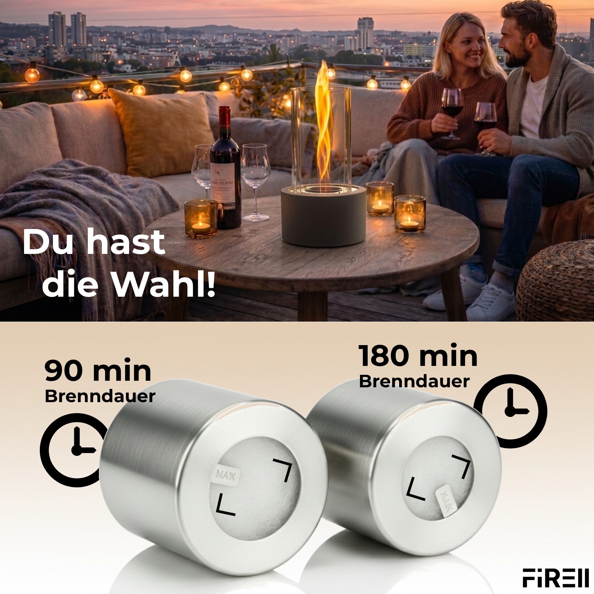 FIRELL Tischfeuer Ethanol Brenner 125ml (3-teilig), Rostfreier Edelstahl, Variable Flammenhöhe, Extra lange Brenndauer