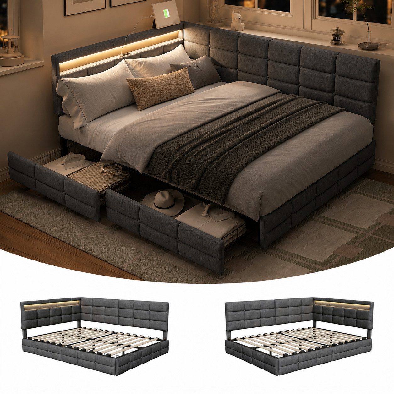 Simurq Daybett Polsterbett Schlafsofa Tagesbett Kinderbett 140x200cm mit 2 Schublade (Jugendbett mit LED und Ladestation,Funktionsbett Sofabett), Schlafsofa Doppelbett mit Lattenrost und Stauraum,Leinen,Ohne Matratze