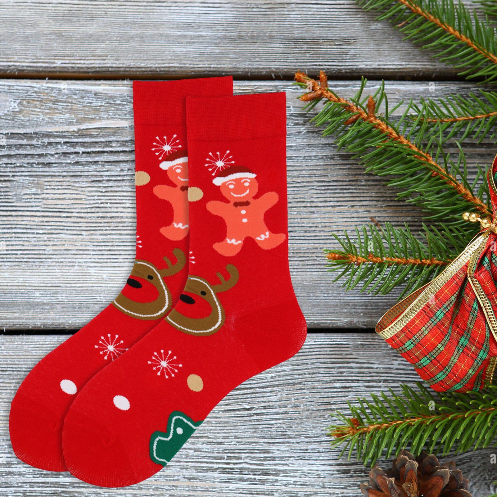 Rutaqian Socken 2 Paar Weihnachts Cartoon Socken,Weihnachten Baumwolle Socken (Bunter Aufdruck, Weihnachtsmann-Schneemann-Muster, Unisex Kuschelsocken Winter Socken Festliche Socken) Weich, Rutschfest,Elastisch, Vorgeschrumpft für Weihnachtsgeschenke Rot
