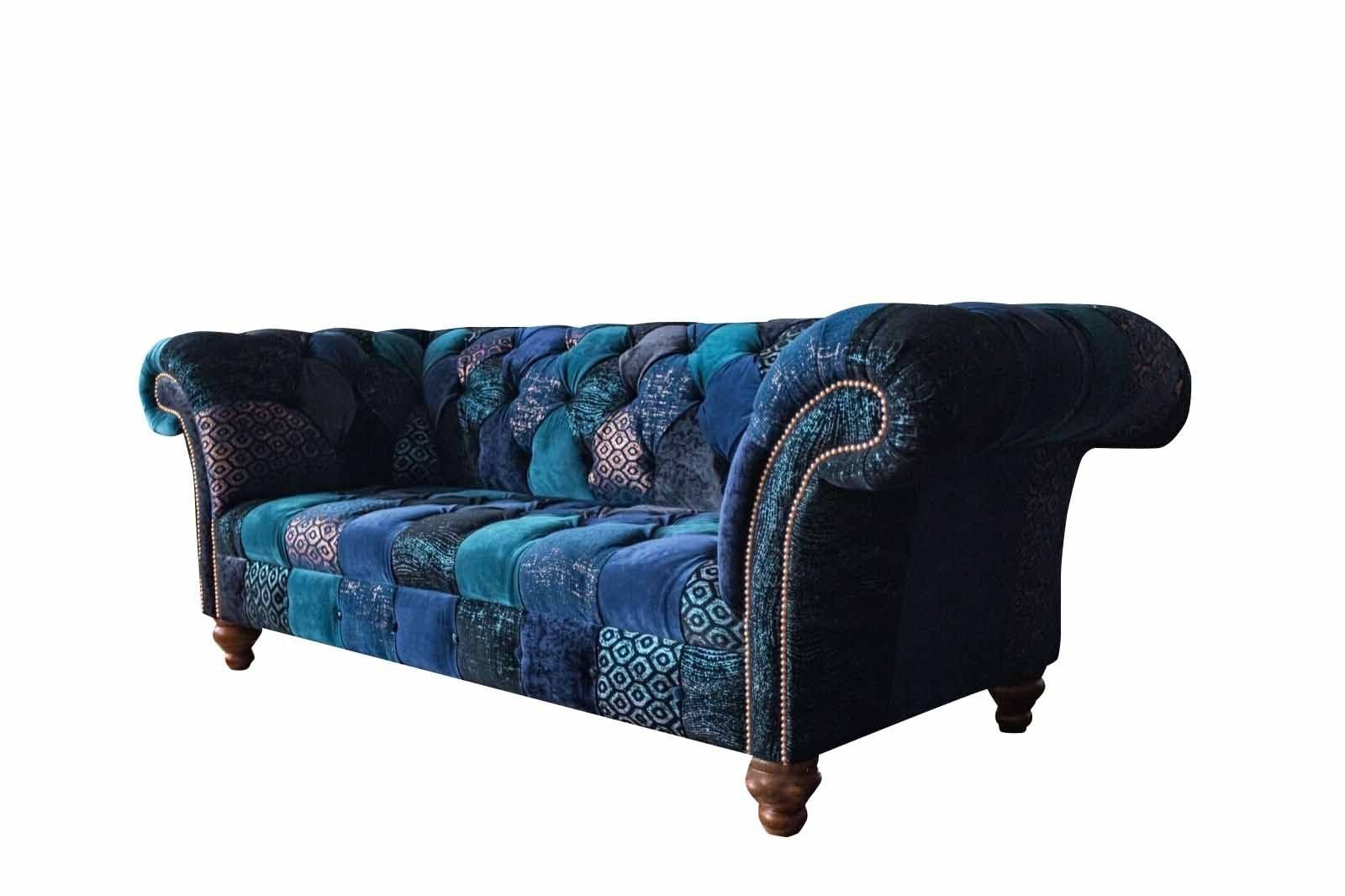 Europe Sofa Chesterfield JVmoebel Design Blauer Sofa, in Textil Bunter Dreisitzer Couch Made