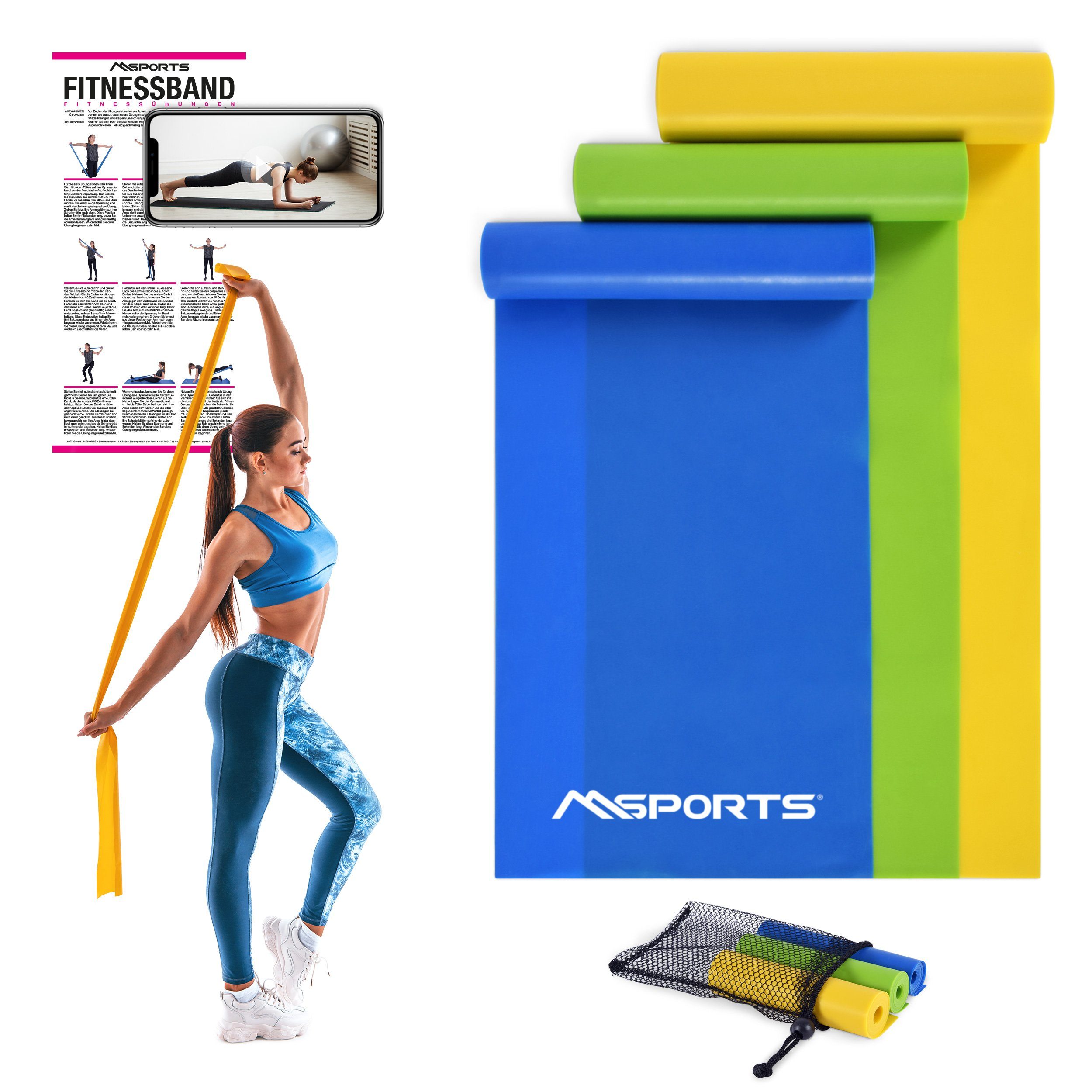 MSports® Trainingsband Übungsposter Set 3er und Tragetasche Fitnessband mit