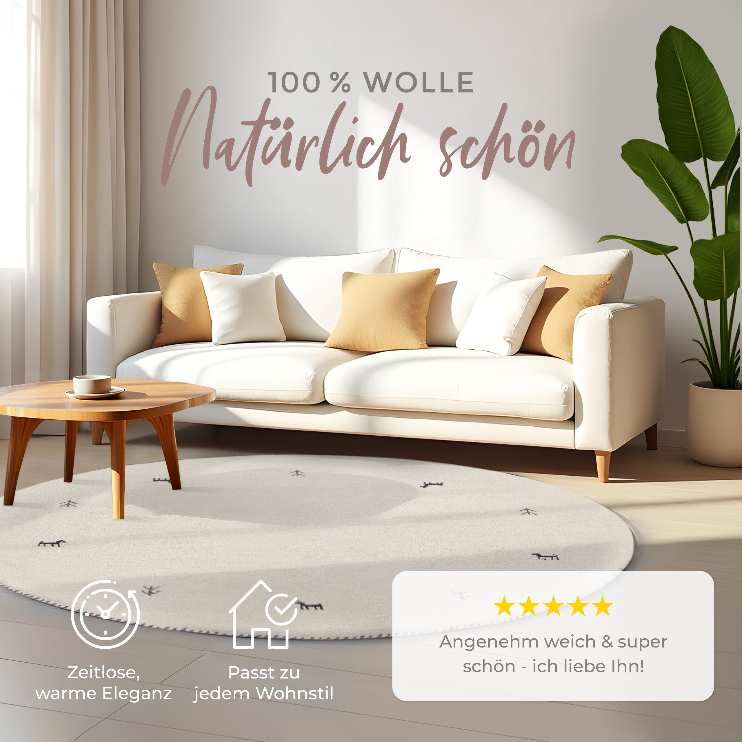carpetfine Wollteppich Gabbeh Uni, auch als Läufer und Rund erhältlich, rund, Höhe: 15 mm, reine Wolle, handgewebt, Gabbeh Loom Tiermotiv, große Farbauswahl