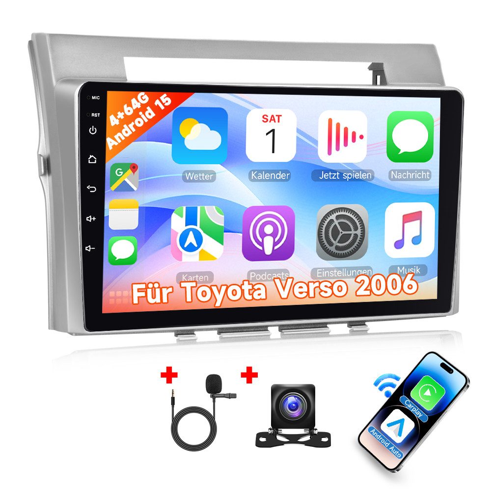 Hikity Autoradio 9 Zoll Android 15.0 Für Toyota Verso 2006 Autoradio (Digitalradio (DAB), FM, Mirror Link, Bluetooth, Wireless Carplay und Wireless Android Auto)