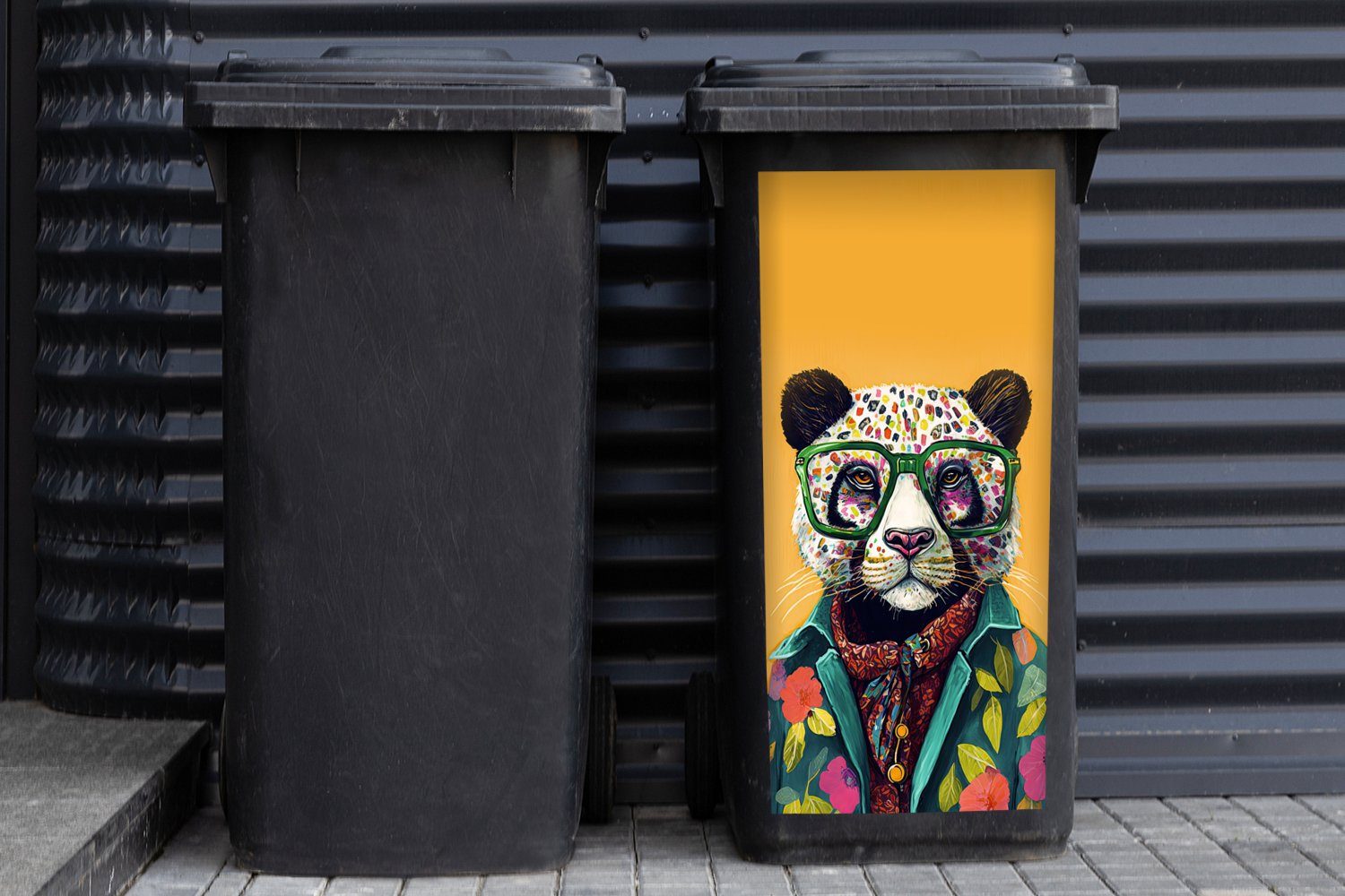 Mülltonne, MuchoWow - Mülleimer-aufkleber, St), - Panda Wandsticker (1 Hippie Container, Sticker, Abfalbehälter Brille