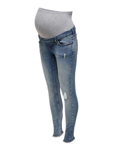 ONLY MATERNITY Umstandsjeans OLMBLUSH MID SK ANK RW DNM NOOS mit Destroyed Effekt