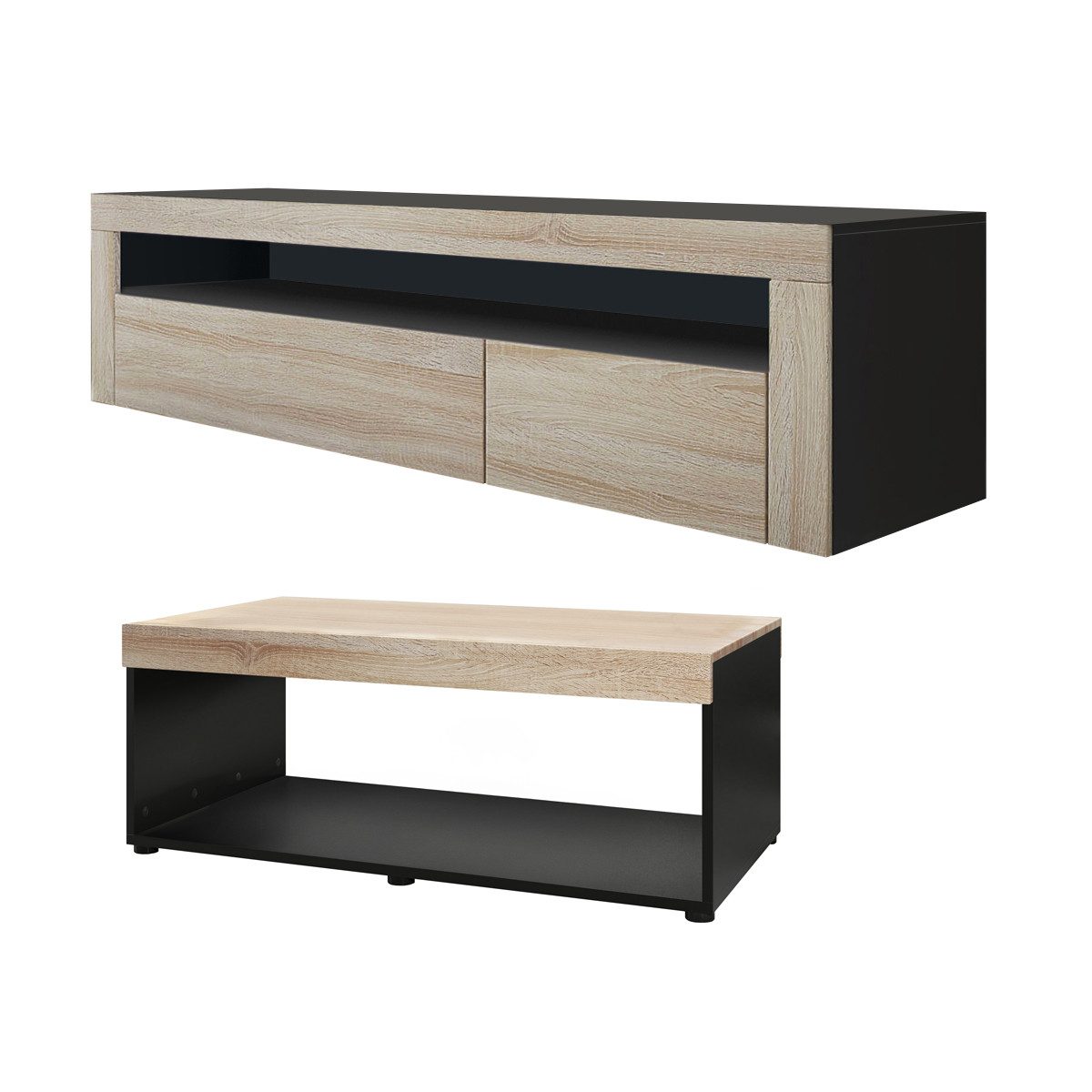 Vladon Wohnwand Berlin, (Wohnzimmer-Set, bestehend aus 1 TV Board und 1 Couchtisch), Schwarz matt/Eiche sägerau