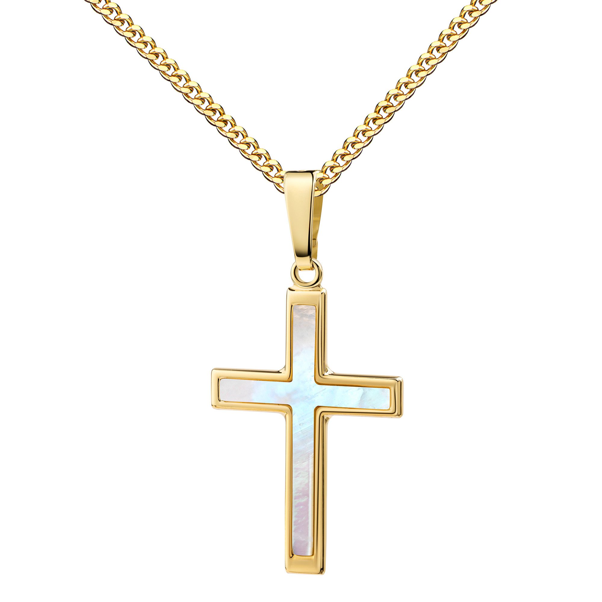 Kreuzkette Kreuzanhänger 585 Gelbgold / 14K mit Perlmutteinlage - Made in Germany