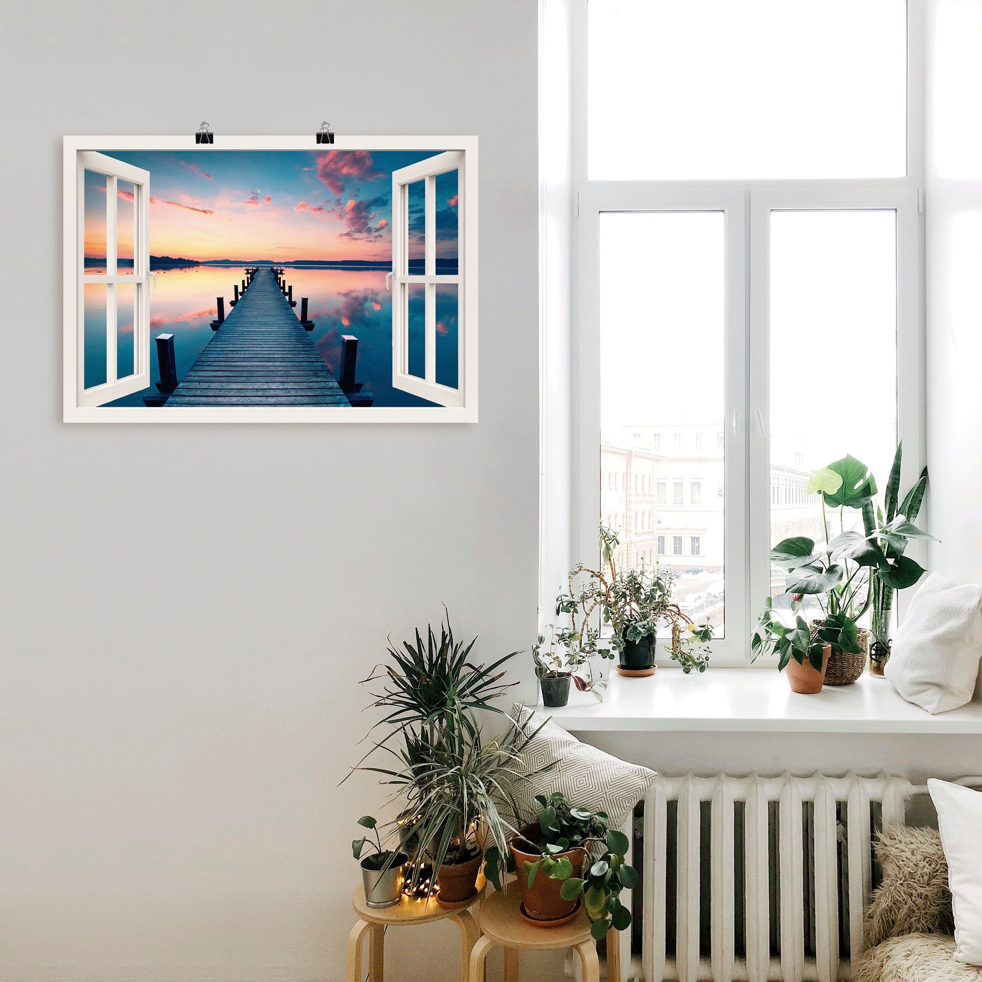 (1 Artland versch. als im Poster Leinwandbild, Pier Sonnenaufgang, oder Größen Wandaufkleber in St), Fensterblick Wandbild