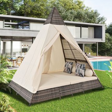 Tongtong Pyramidenzelt Gartenlounge-Set, Rattanzelt, geeignet für 2–4 Personen, grau/Beige, Personen: 4 (inklusive aller Sitzkissen und Kissen), Sitzkissen mit Reißverschluss, abnehmbar und waschbar