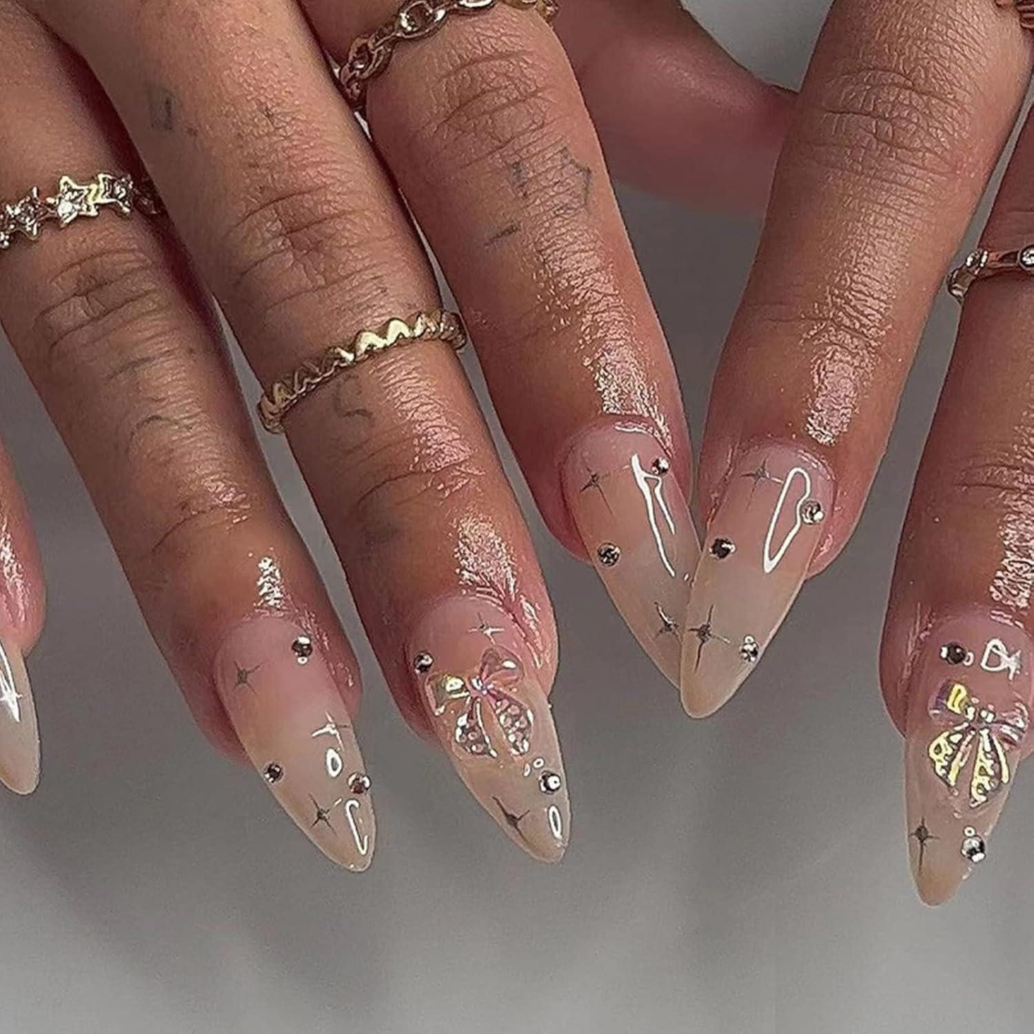 Kunstfingernägel 24 Stück Mandel Nägel Aufkleben Mittel Glitzer Acryl Fingernägel Kit