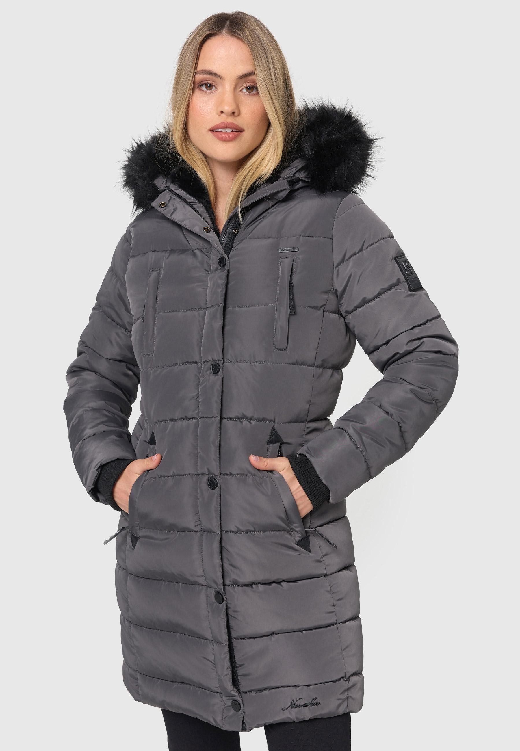 Navahoo Winterjacke Steppjacke lang mit Kapuze – Warm gefüttert Lange Winterjacke mit Teddyfutter und abnehmbarem Kunstfell – Bild 2 von 5