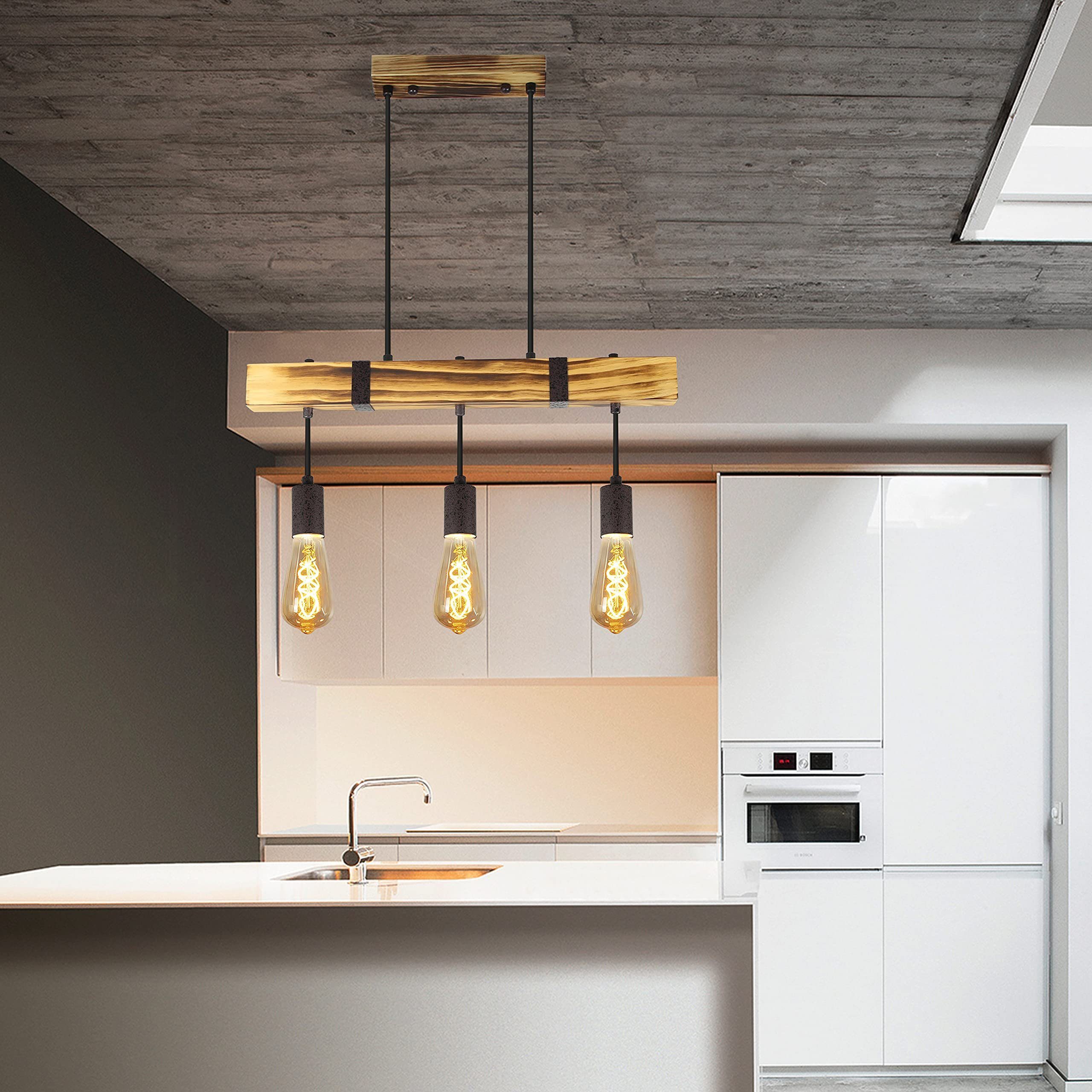 Holz Pendelleuchte Industrial ohne Leuchtmittel E27 Höhenverstellbar Küche ZMH Wohnzimmer, Retro Esszimmer