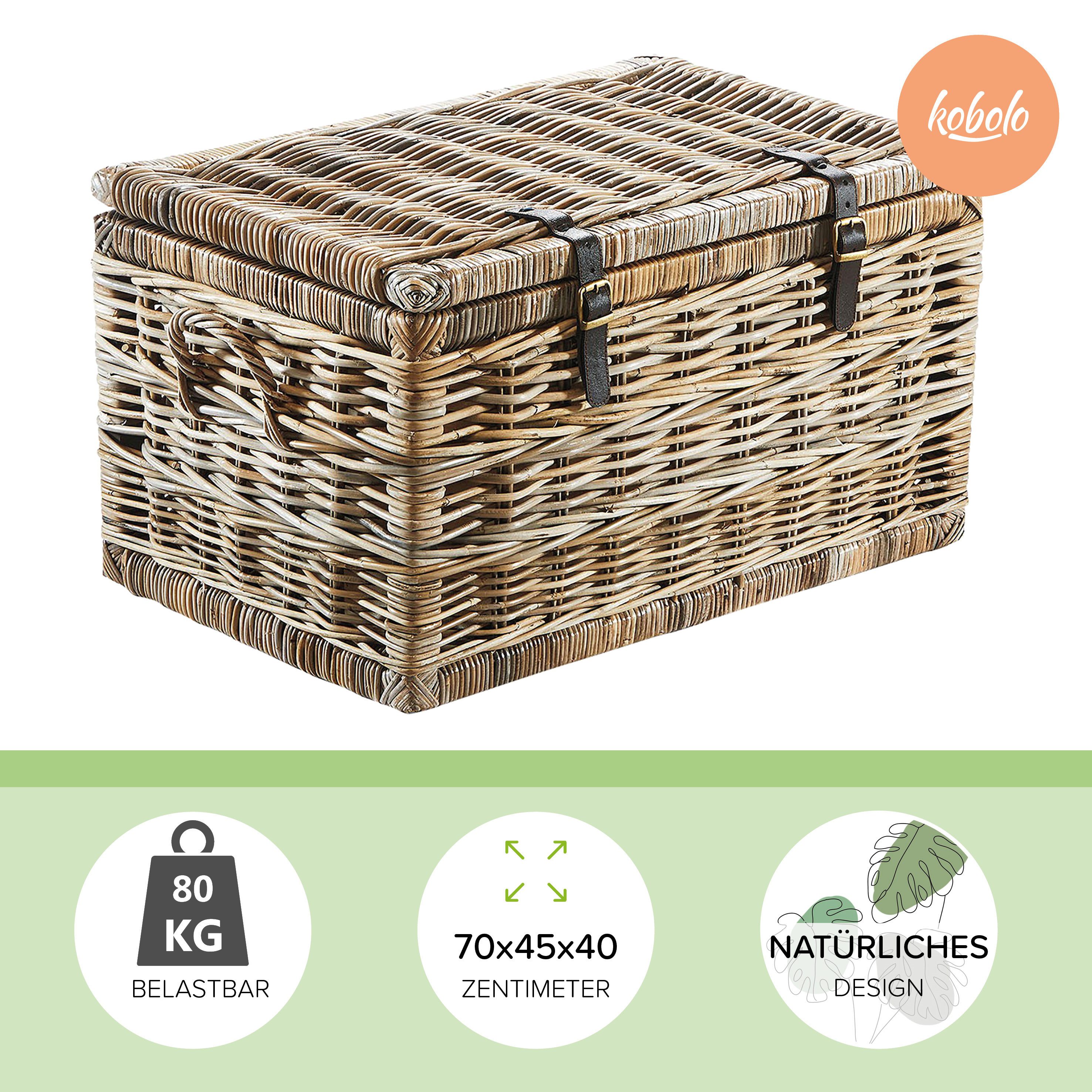 Kobolo Truhe Sitztruhe aus Rattan mit Griffen Kubu Grau 70 cm (1 St), mit Stauraum