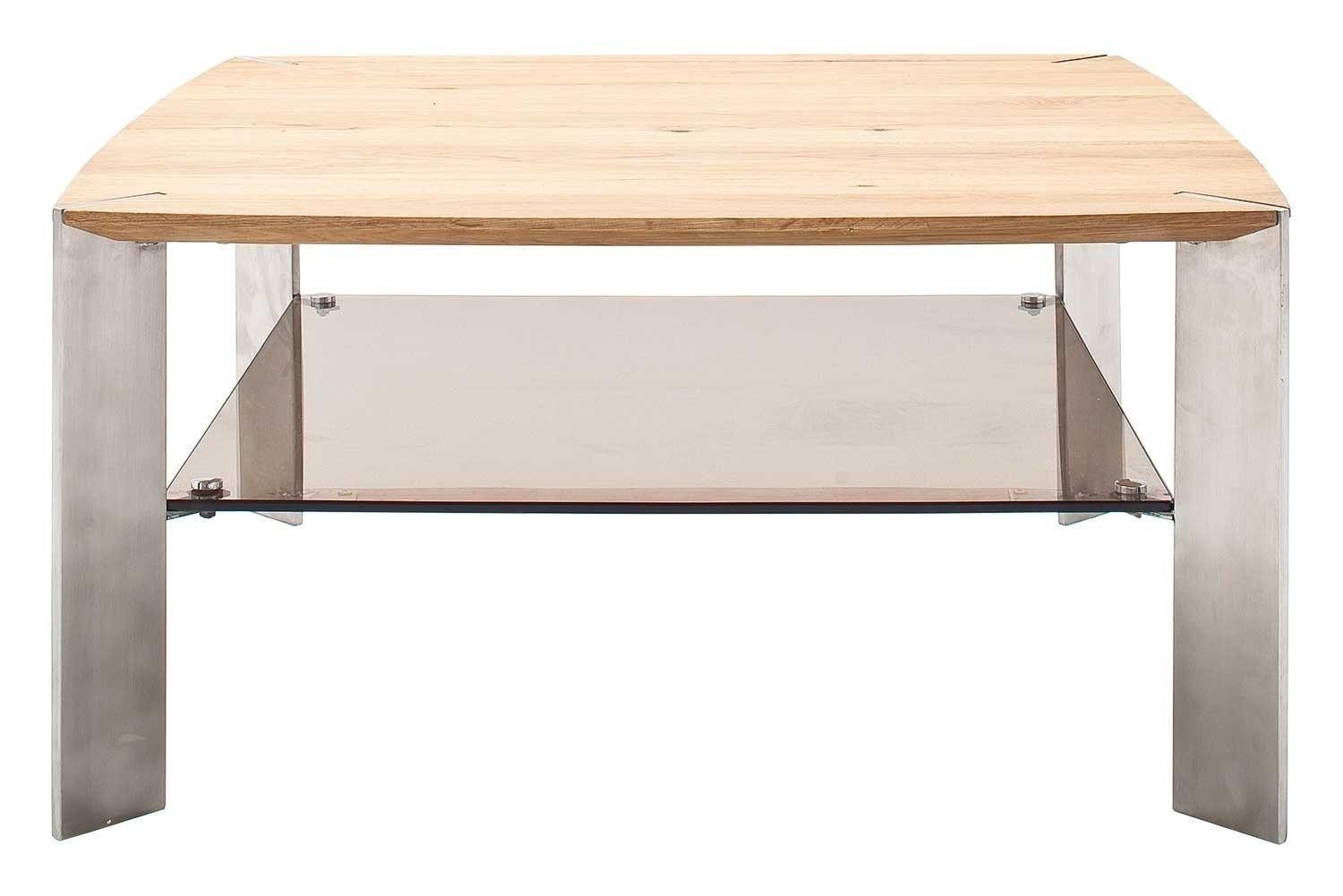 Couchtisch NELIA, Braun, Bronzefarben, Edelstahlfarben, Asteichenholz massiv, Metallgestell, Glasplatte, B 80 x H 41 x T 80 cm
