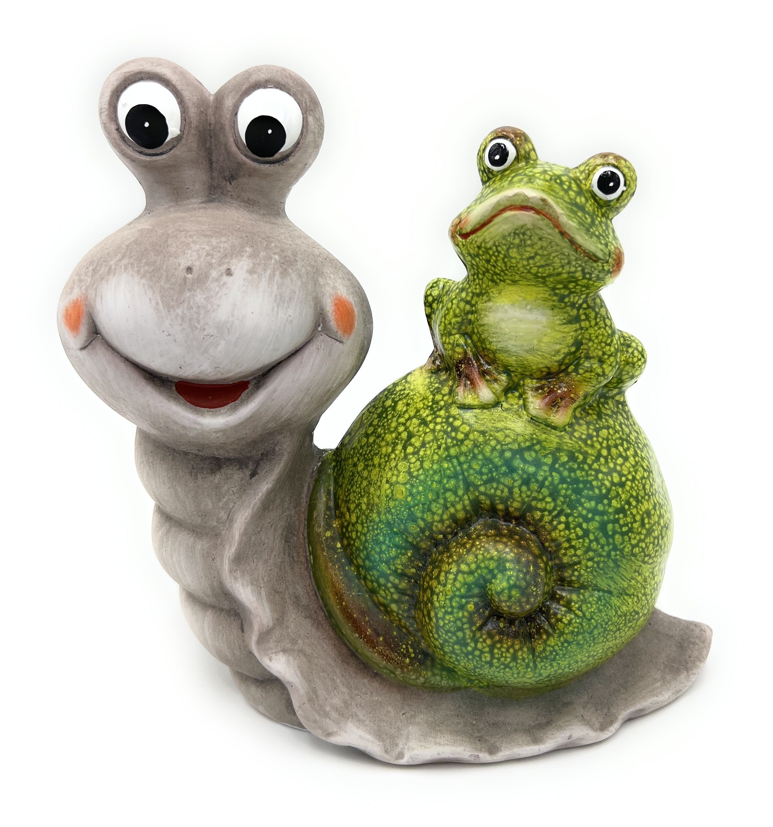 Dragimex Gartenfigur Deko-Schnecke mit Frosch – 21 cm hoch, aus liebevoller Keramik