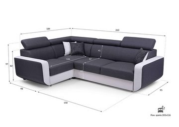 Furnix Ecksofa FENZZY Eck-Couch in L-Form mit Schlaffunktion verstellbare Kopfstützen, Bettkasten, 263x97x184 cm, Liegefläche 126x205 cm, Sitzhöhe 43 cm