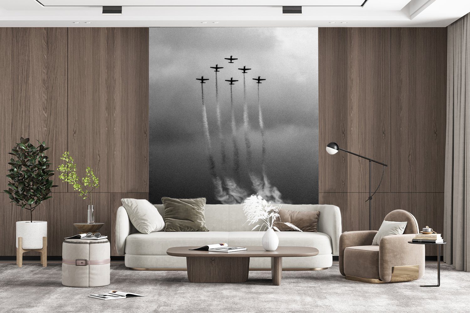 und Tapete für Matt, Schwarz Wohnzimmer, MuchoWow Vintage weiß, - Fototapete - Flugzeug Wandtapete Vinyl bedruckt, Wolken - (4 St), Montagefertig Himmel -