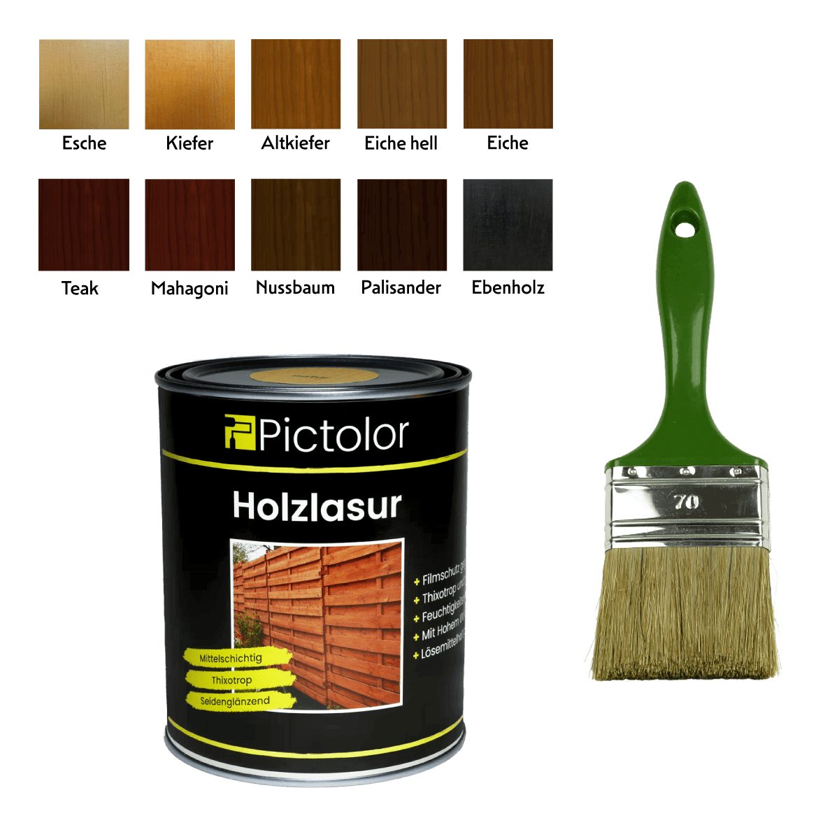 Pictolor Holzschutzlasur Pictolor® Holzanstrich-Set mit Werkzeug 0,75 Liter Ebenholz