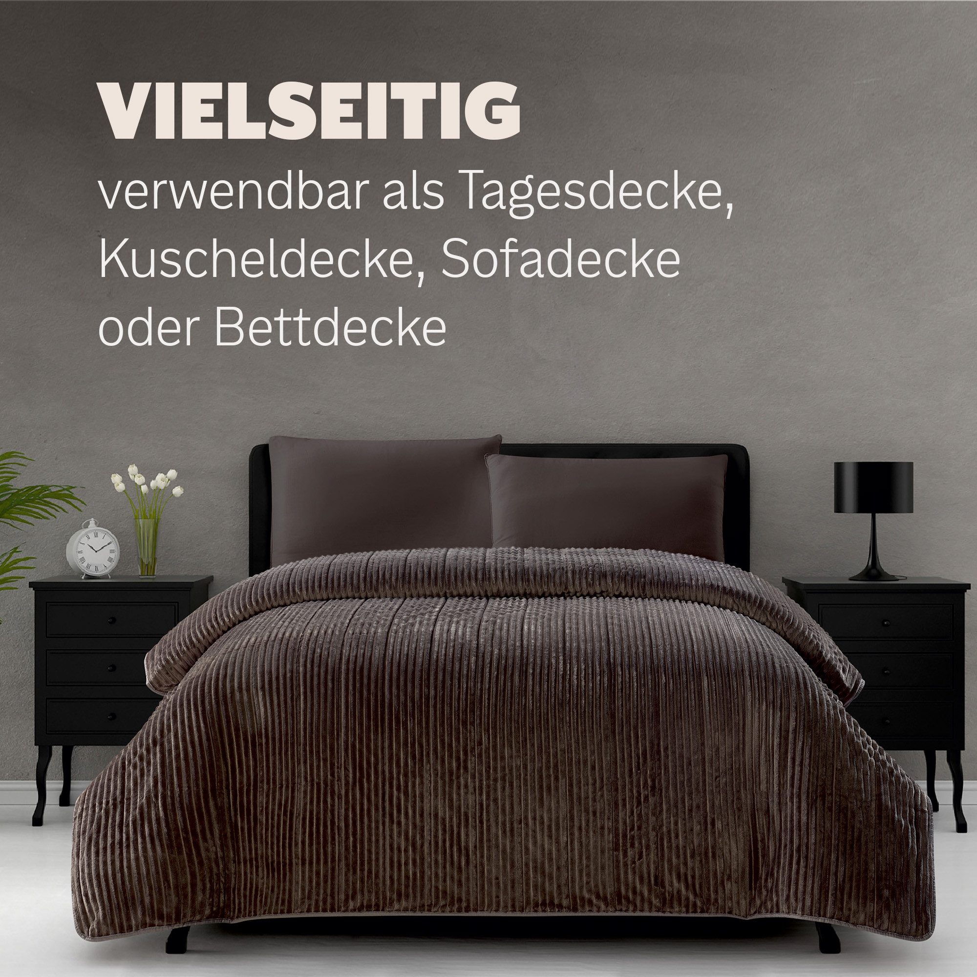 Bestlivings Tagesdecke 200x220 cm Wende-Design Flanellcord Mikrofaser, 375g/m², atmungsaktiv, weich, waschbar bei 40°C, OEKO-Tex zertifziert