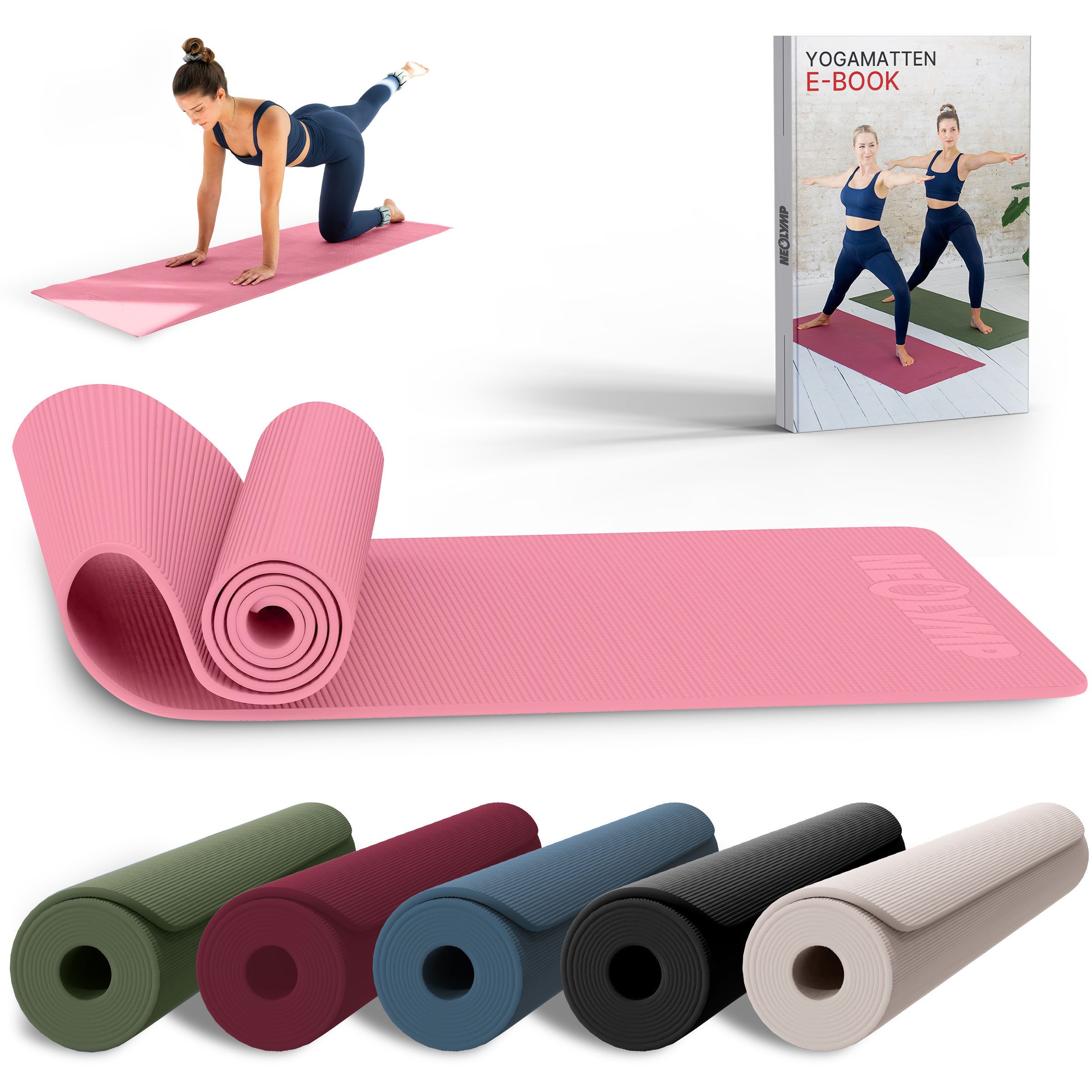 NEOLYMP Yogamatte Yogamatte rutschfest & gelenkschonend – Gelenkschonende Gymnastikmatte (Pilates Matte für Yoga, Workout – inkl. E-Book & Video Übungen), Fitnessmatte für Zuhause – 183x61cm Trainingsmatte aus PVC –Sportmatte