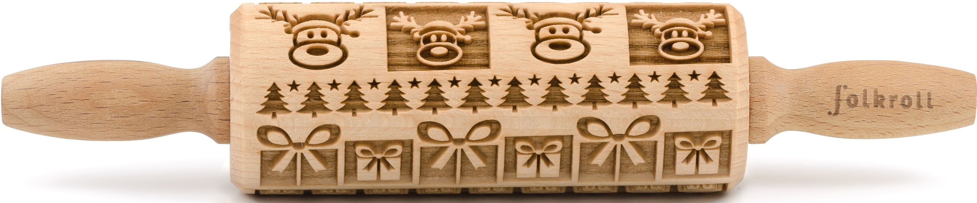folkroll Teigroller 3D-Motiv-Teigrolle Massivholz, Christmas Joy