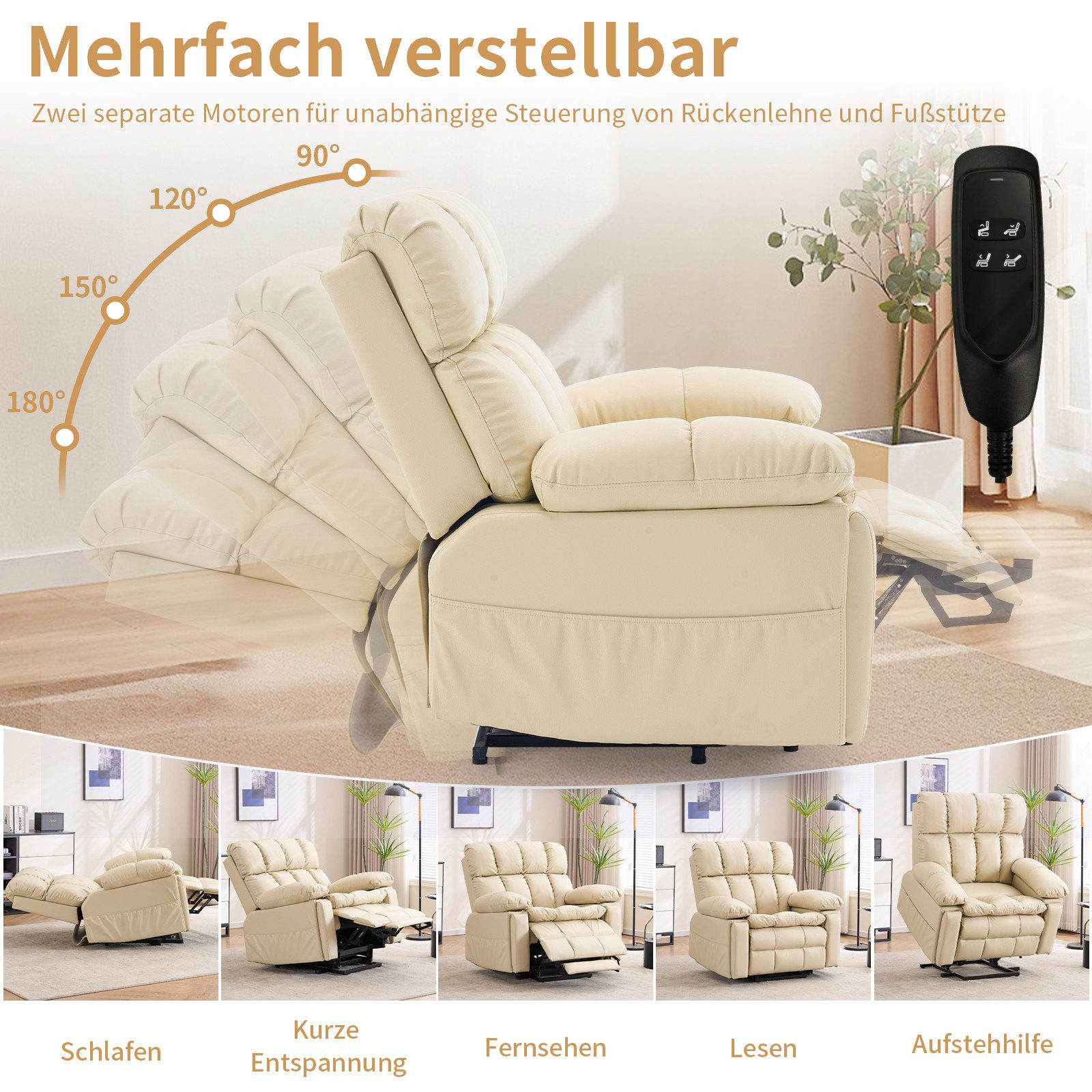 Zuacs TV-Sessel zweimotorig, elektrisch verstellbar, Relaxsessel mit Aufstehhilfe, und Liegefunktion – multifunktionales Einzelsofa aus PU, cremeweiß