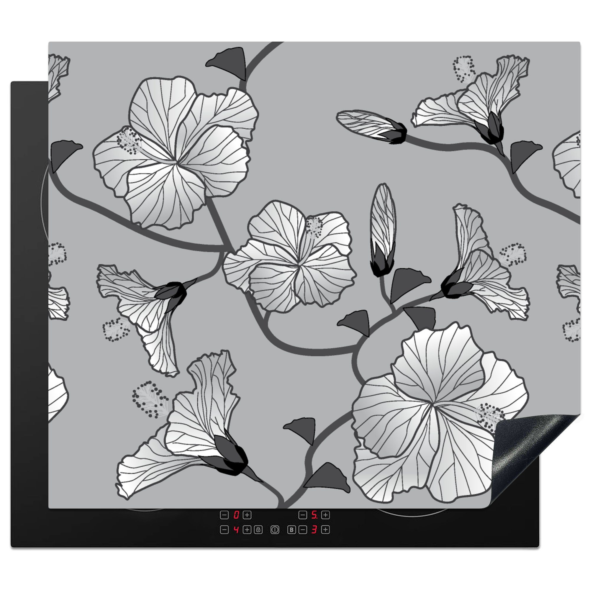MuchoWow Herdblende-/Abdeckplatte Hibiskus - Grau - Tropisch - Muster, Vinyl, (1 tlg), 60x52 cm, Mobile Arbeitsfläche nutzbar, Ceranfeldabdeckung