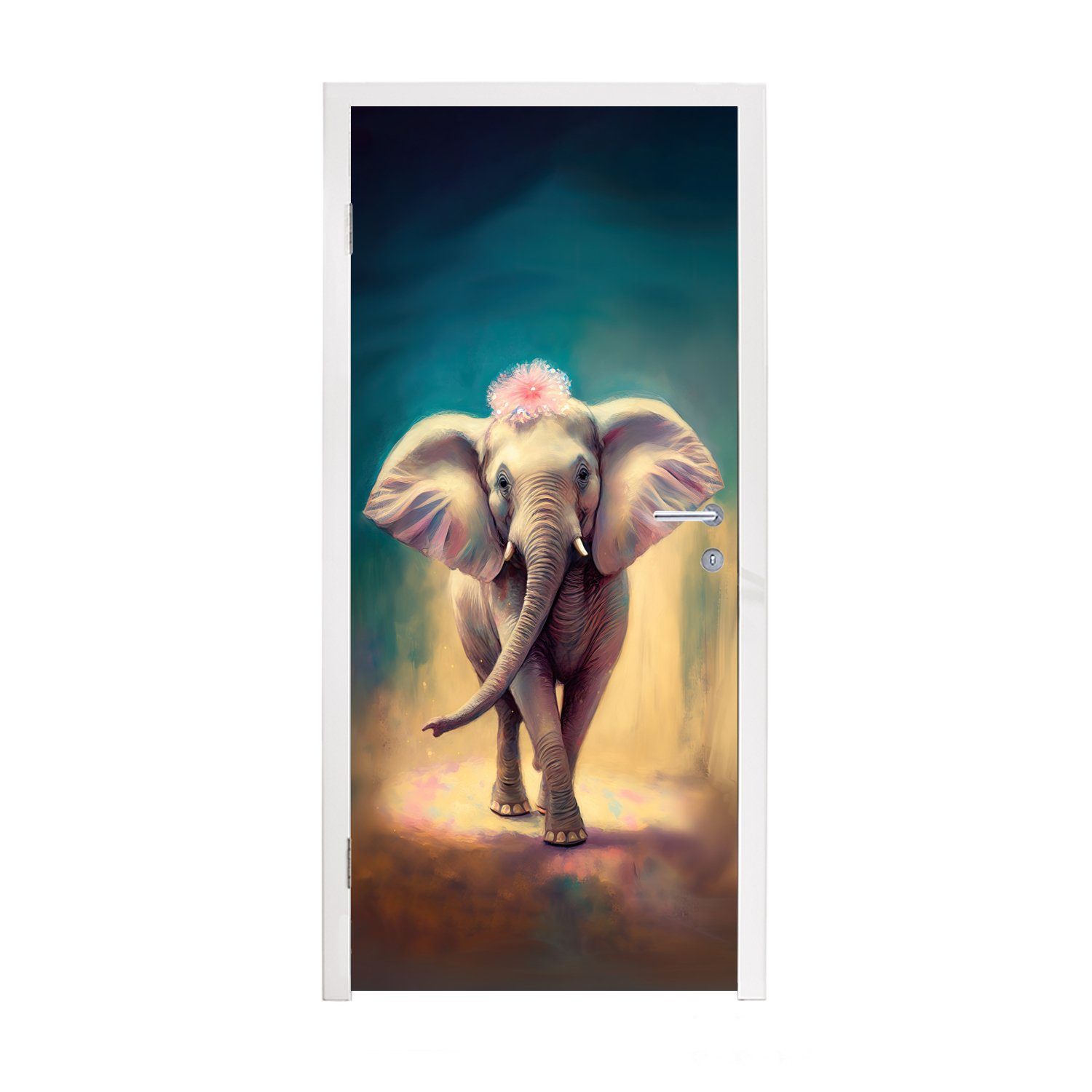 75x205 Tür, Türtapete bedruckt, (1 - Tiere cm MuchoWow Elefant - Fototapete für Blumen - Porträt Türaufkleber, Malen - St), Kinder, - Matt,