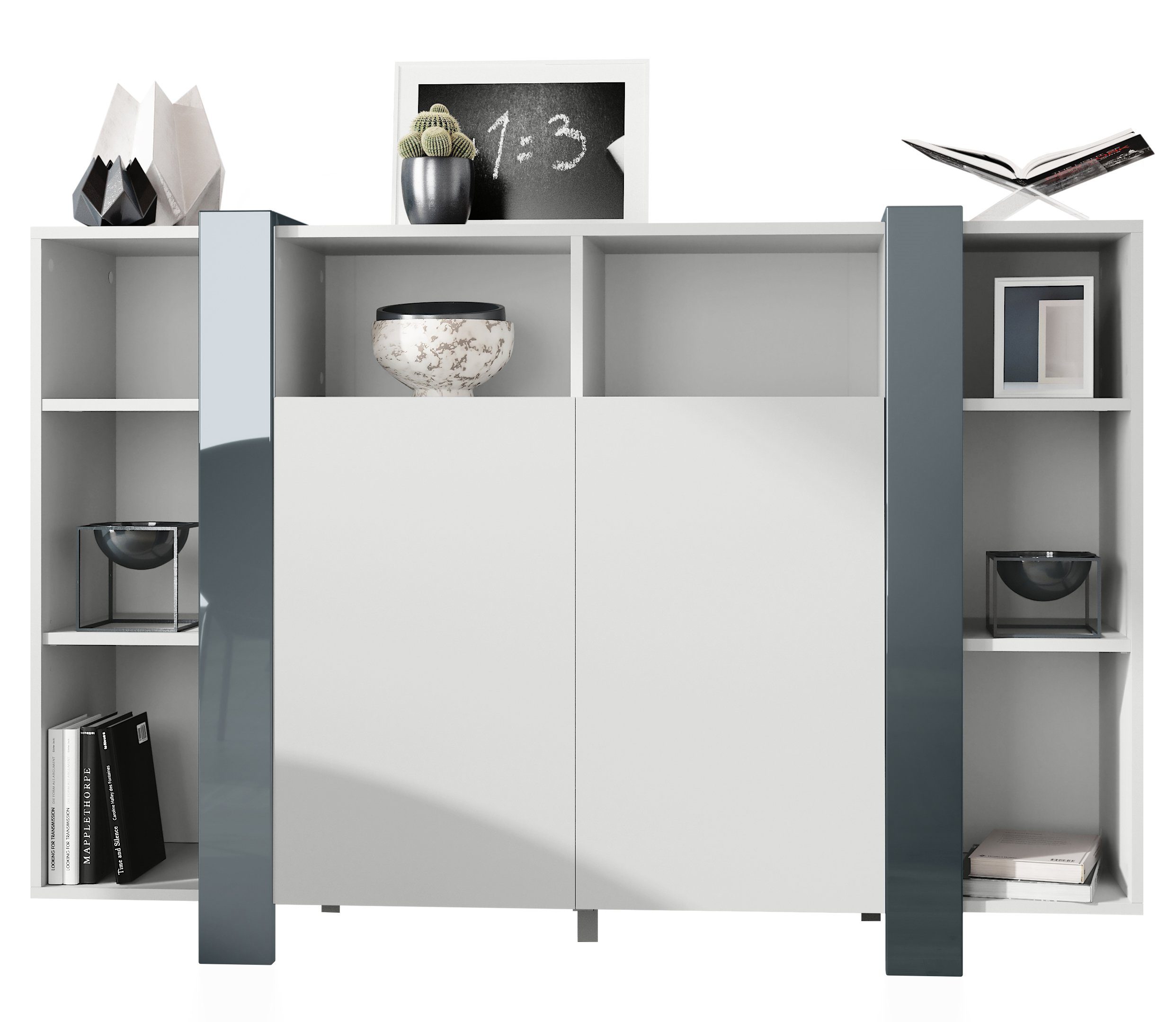 Vladon Highboard Ida V1 (Anrichte, mit 2 Türen und 8 offene Fächer), Weiß matt/Grau Hochglanz (149 x 101 x 34 cm)