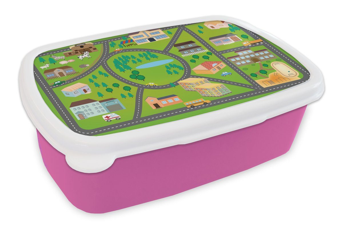 MuchoWow Lunchbox Kreisverkehr - Gebäude - Auto - Kinder - Grün, Kunststoff, (2-tlg), Brotbox für Erwachsene, Brotdose Kinder, Snackbox, Mädchen, Kunststoff rosa