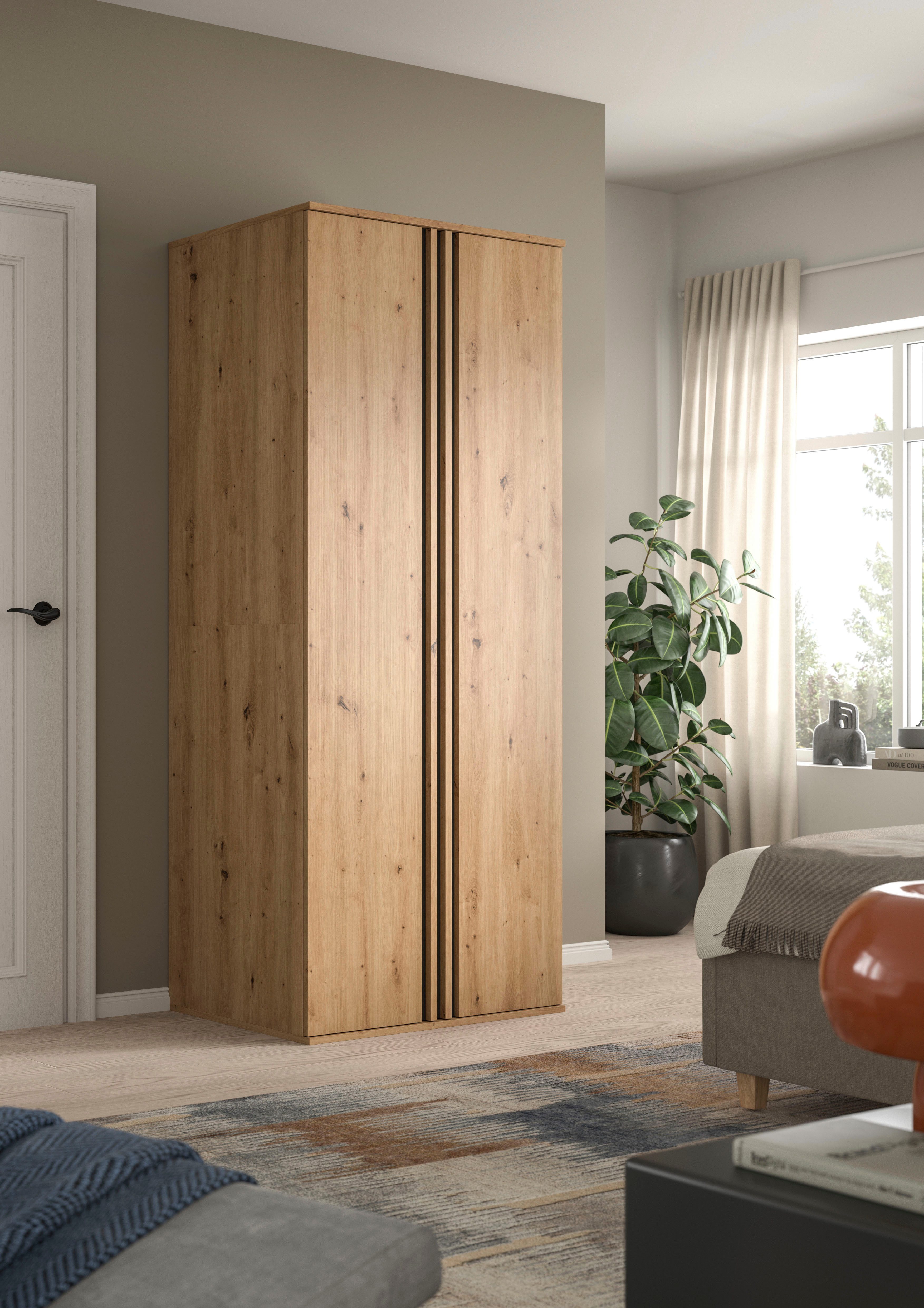 Home affaire Kleiderschrank ALVA, Breite 80 cm, mit griffloser Front in Paneeloptik, Schrank (Schlafzimmerschrank in weiteren Ausführungen erhältlich) 2 Türen, 1 Kleiderstange, 1 Einlegeboden